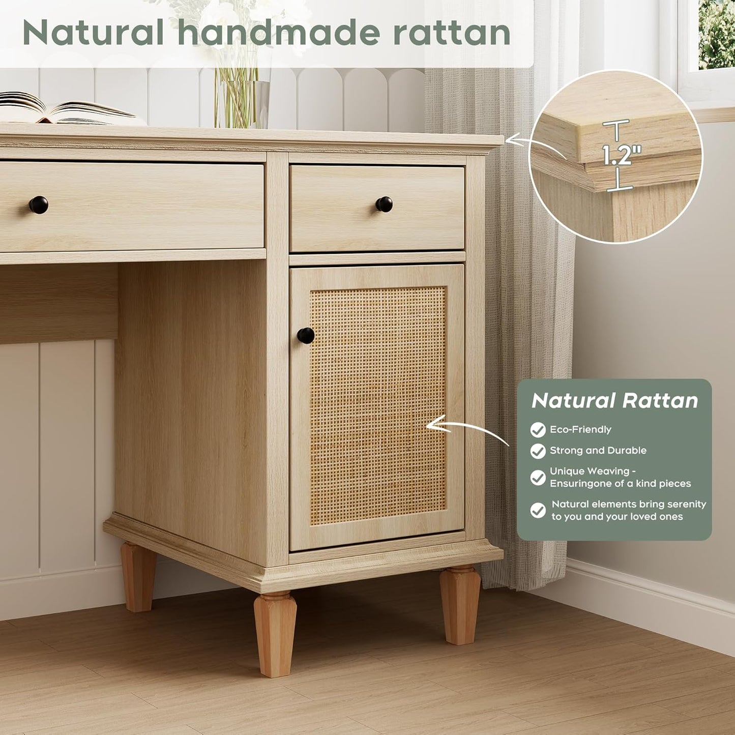 Yechen 58" Modern Executive Desk with Natural Rattan Door, Boho Writing Desk with 3 Drawers & 2 Cabinet for Study, Work, Computer, Natural Oak