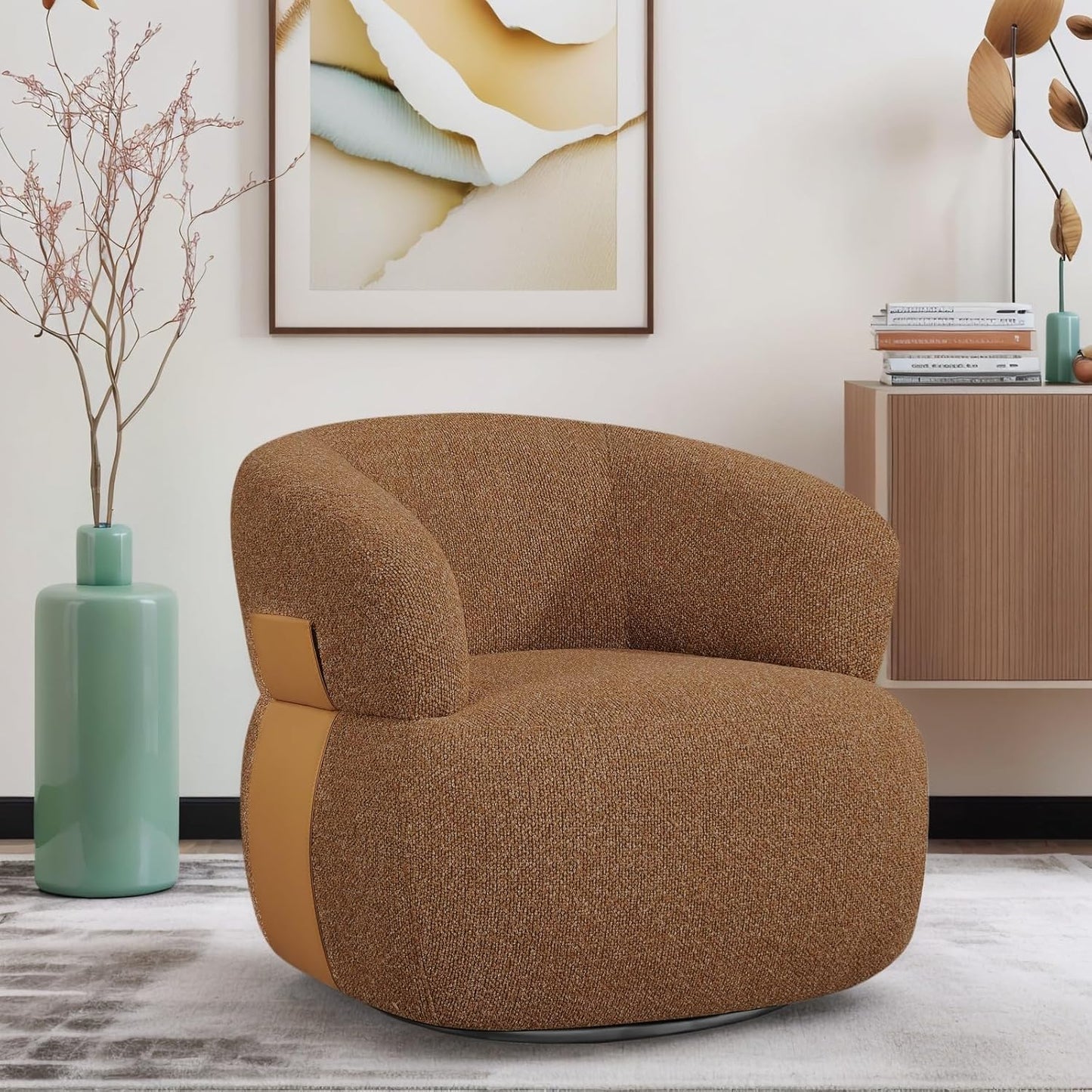 Swivel Barrel Accent Chairs-Modern Round Club Arm Chair Upholstered Living Room Armchair, Single Sofa Seating Bedroom Side Reading Seat for Living Roon Office (Beige,1 Pack)