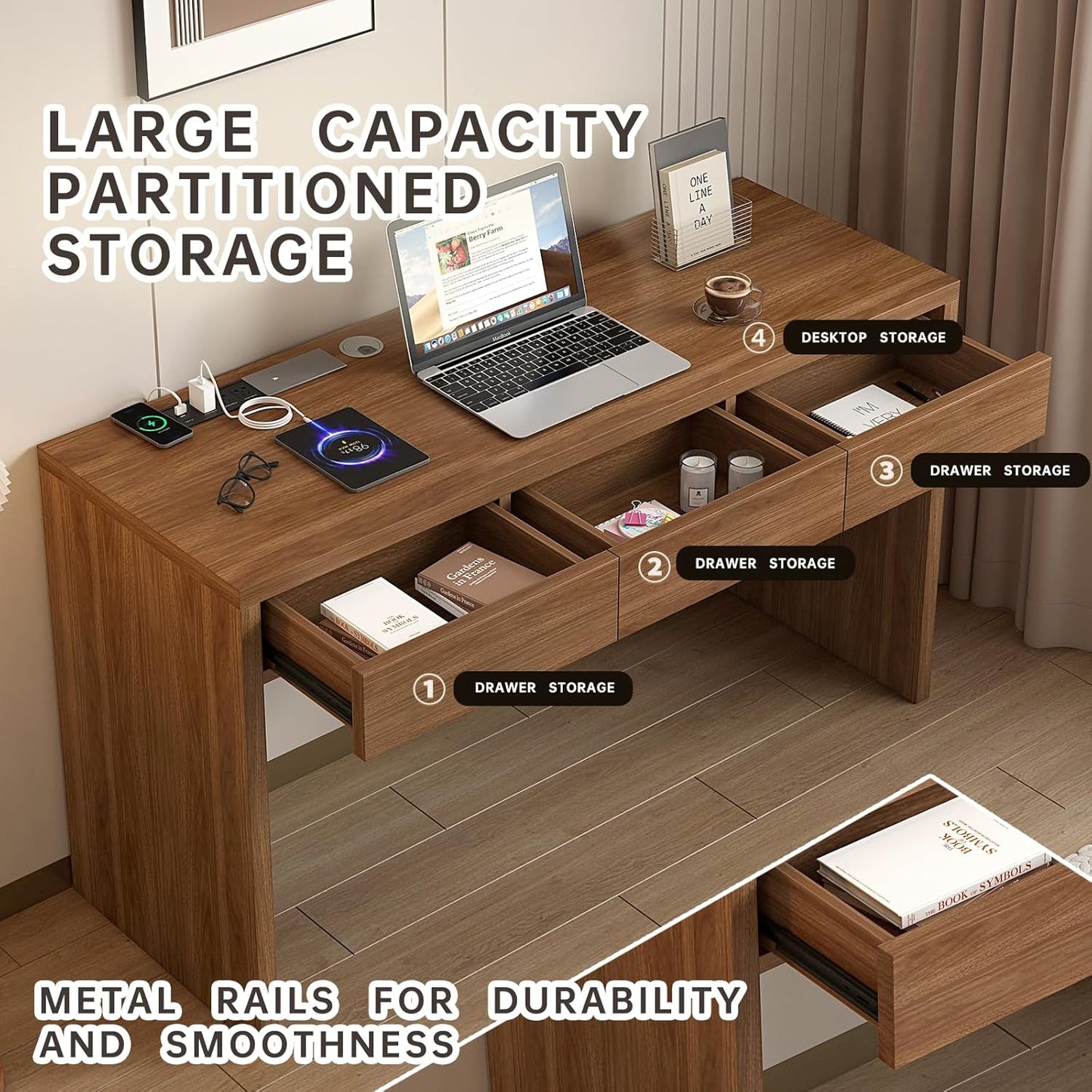 55-Inch Office Desk with Pull-Out Outlet, Computer Desk with 3 Sturdy Drawers, Writing/Gaming/Work/Study Desk for Bedroom, Living Room & Home Office, Brow (Brown, 55)