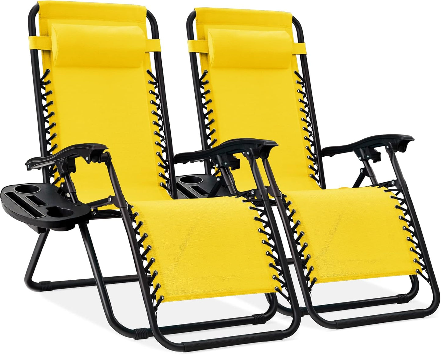 Best Choice Products Set of 2 Adjustable Steel Mesh Zero Gravity Lounge Chair Recliners w/Pillows and Cup Holder Trays - Black