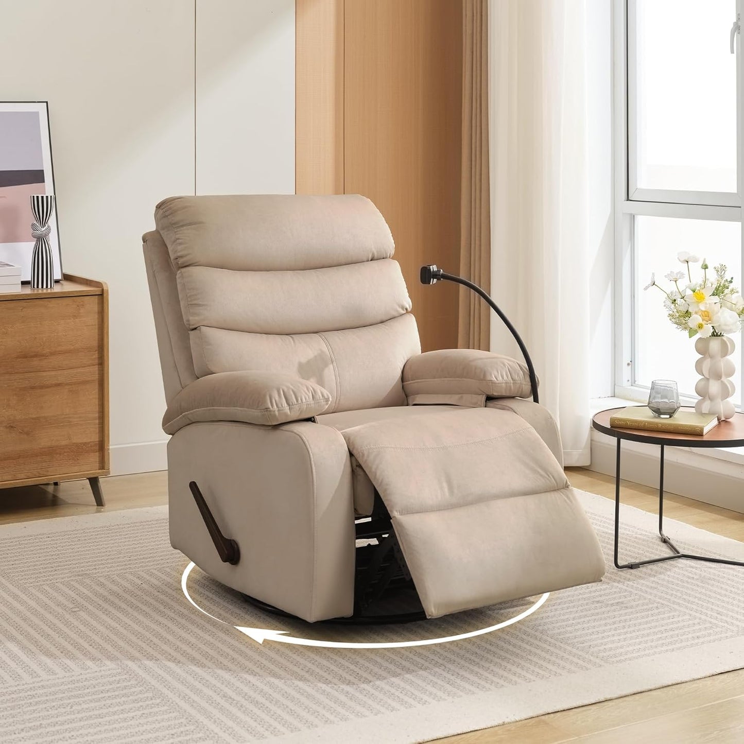Swivel Rocker Recliner Chair, Rocking Chairs with Microfiber Leather, Small Manual Recliner Chair for Living Room, Nursery, Bedroom, RV, Beige