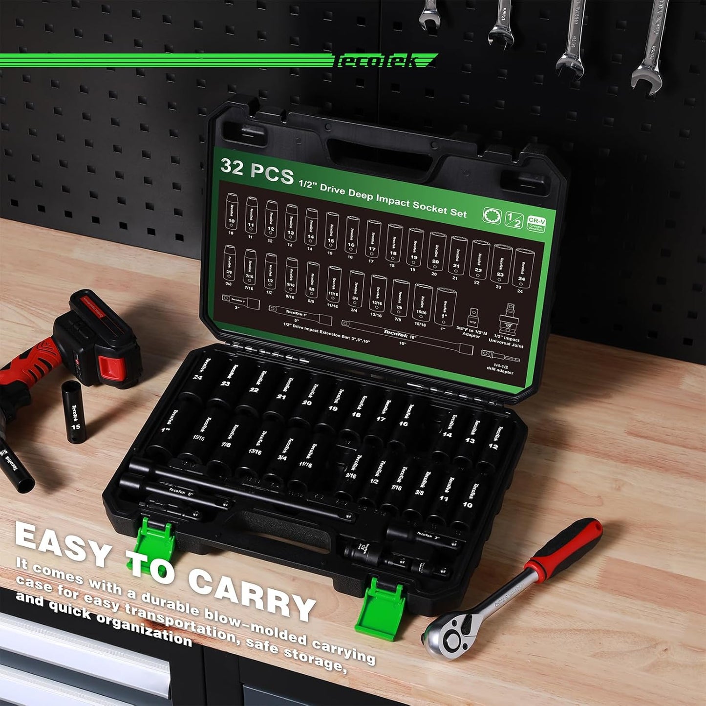 1/2" Drive Deep 12-Point Impact Socket Set, 32-Piece Socket Set, SAE 3/8-1-Inch and Metric 10-24mm Size, Includes Extension Bars, Universal Joint and Adapter, CR-V Steel