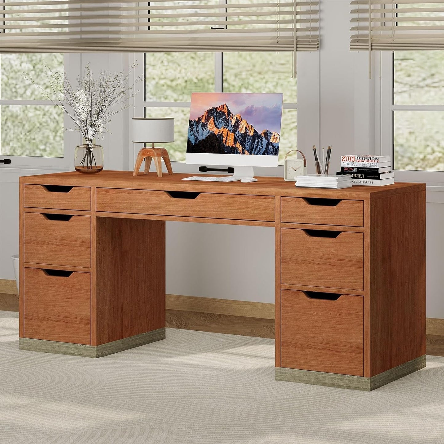 54 Inch Computer Desk with Storage Drawers, Executive Desk with 7 Drawers for Bedroom, Office Desk with File Cabinet for Work Study Writing, Small Spaces, White and Walnut