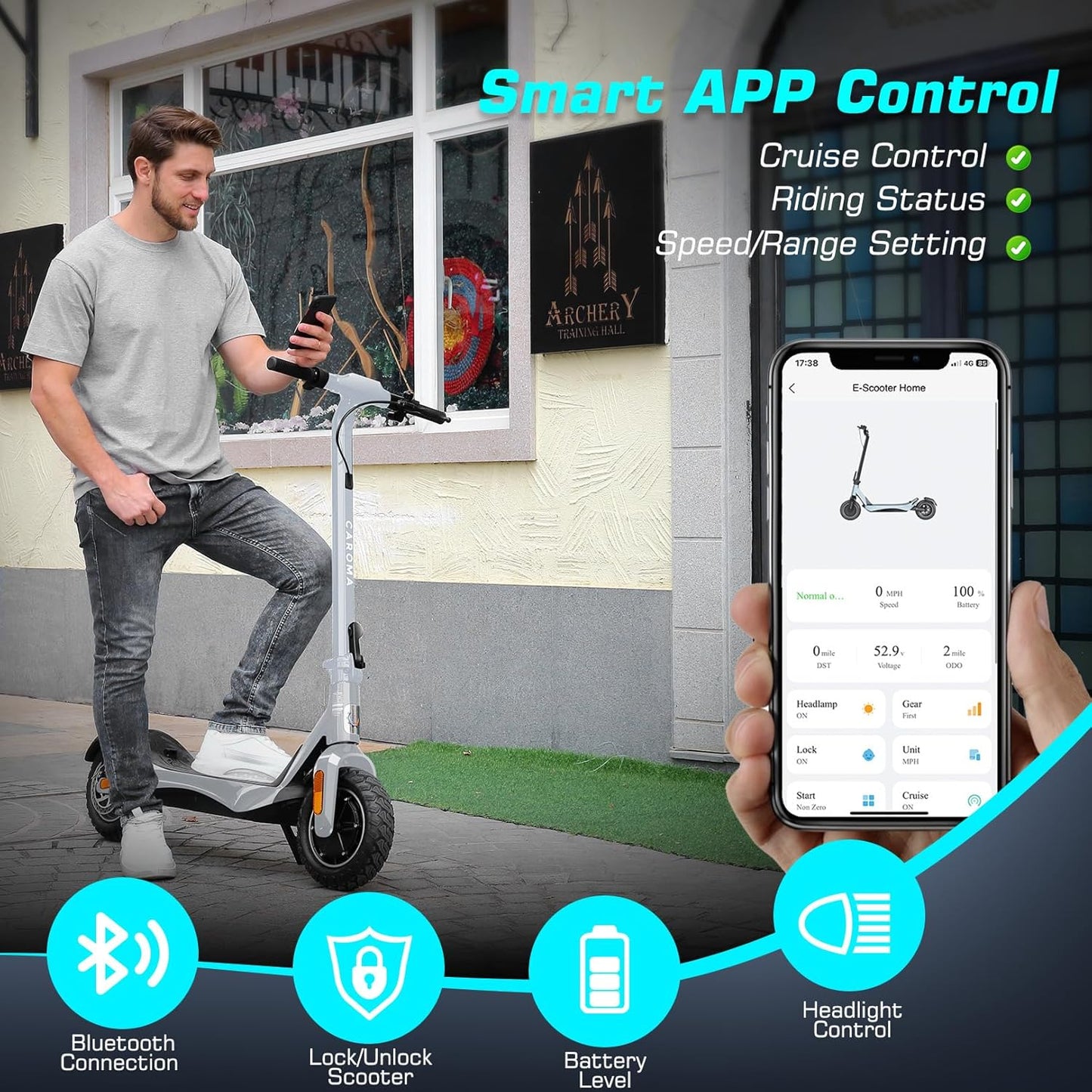 Caroma Electric Scooter Adults, 850W Motor, Max 36 Mph & 30-37 Miles Long Range, 10 Inch Run-Flat Tires, Folding E-Scooter with Dual Motor and Dual Brakes, Smart Control