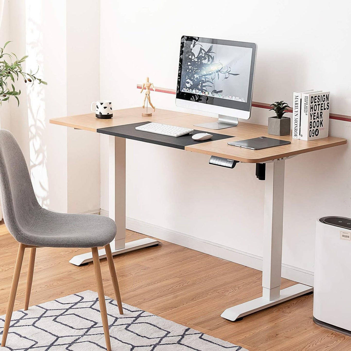 Tangkula 55 x 28 Inches Electric Standing Desk, Height Adjustable Stand Up Desk with Ergonomic Memory Controller, Dual Monitor Standing Desk for Study Room, Home, Office (Natural)