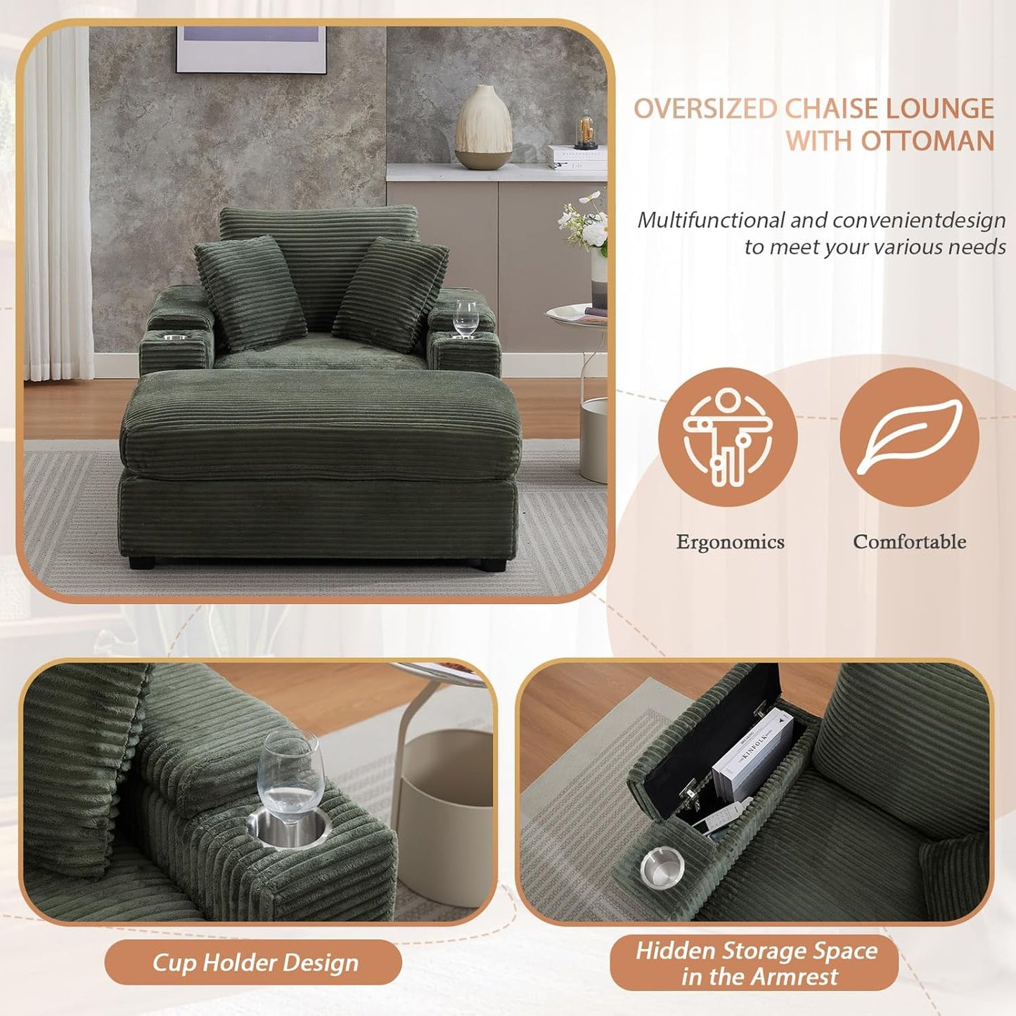 50" Oversized Chaise Lounge Chair Indoor with Ottoman and Storage, Deep Seat Upholstered Reading Chair, Comfy Corduroy Sleeper Chair with Cup Holder, Reclining Chair for Living Room, Bedroom, Green