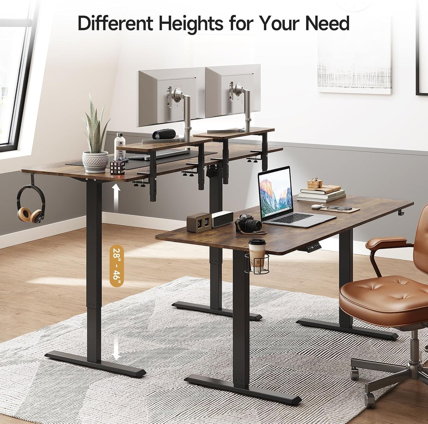 Standing Desk with 2 Adjustable Monitor Shelves, 71 x 24 Inches Electric Stand Up Desk with Memory Controller and Adjustable Height from 28-46 inches for Computer Workstations, Rustic Brown