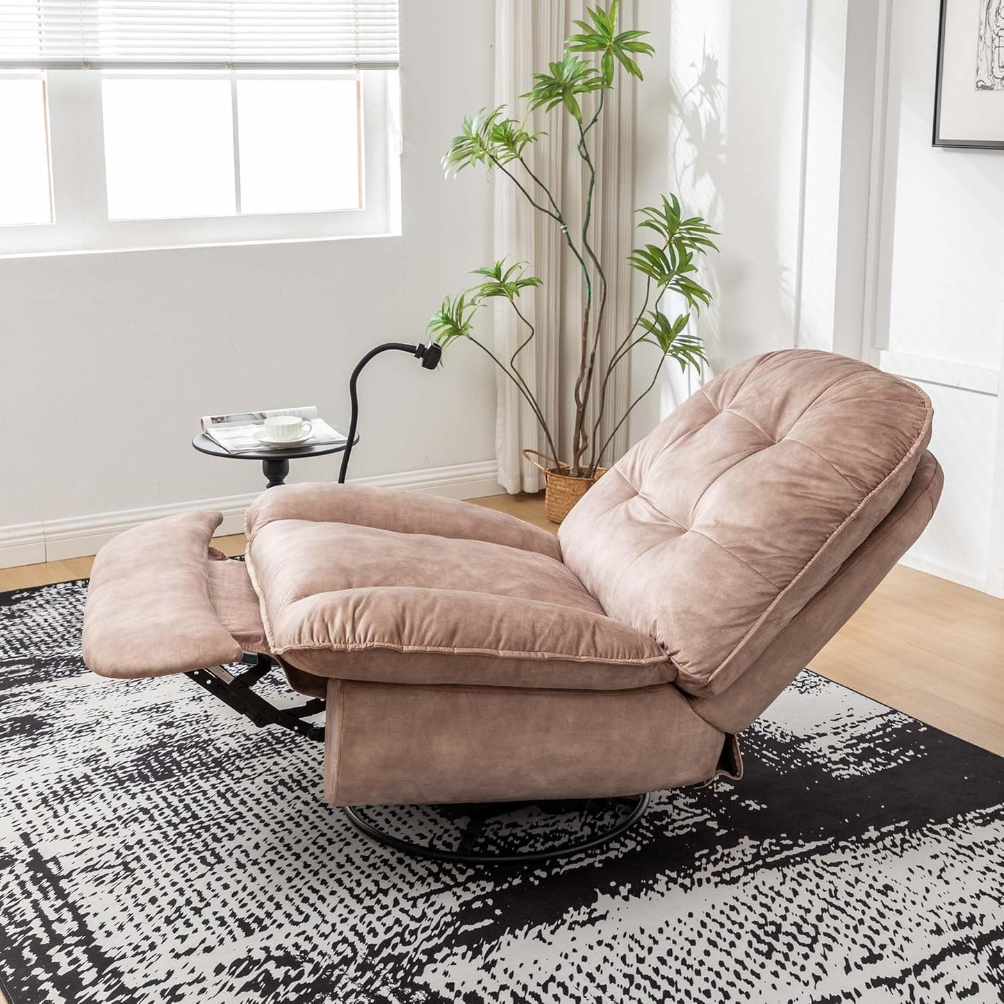 Velvet Oversized Round Chair,Chaise Lounge Indoor with Mobile Phone Holder,Swivel Rocking Chair for Adults Modern Ergonomic Lounge for Living Room (Natural & Light Brown + Velvet + Cotton)