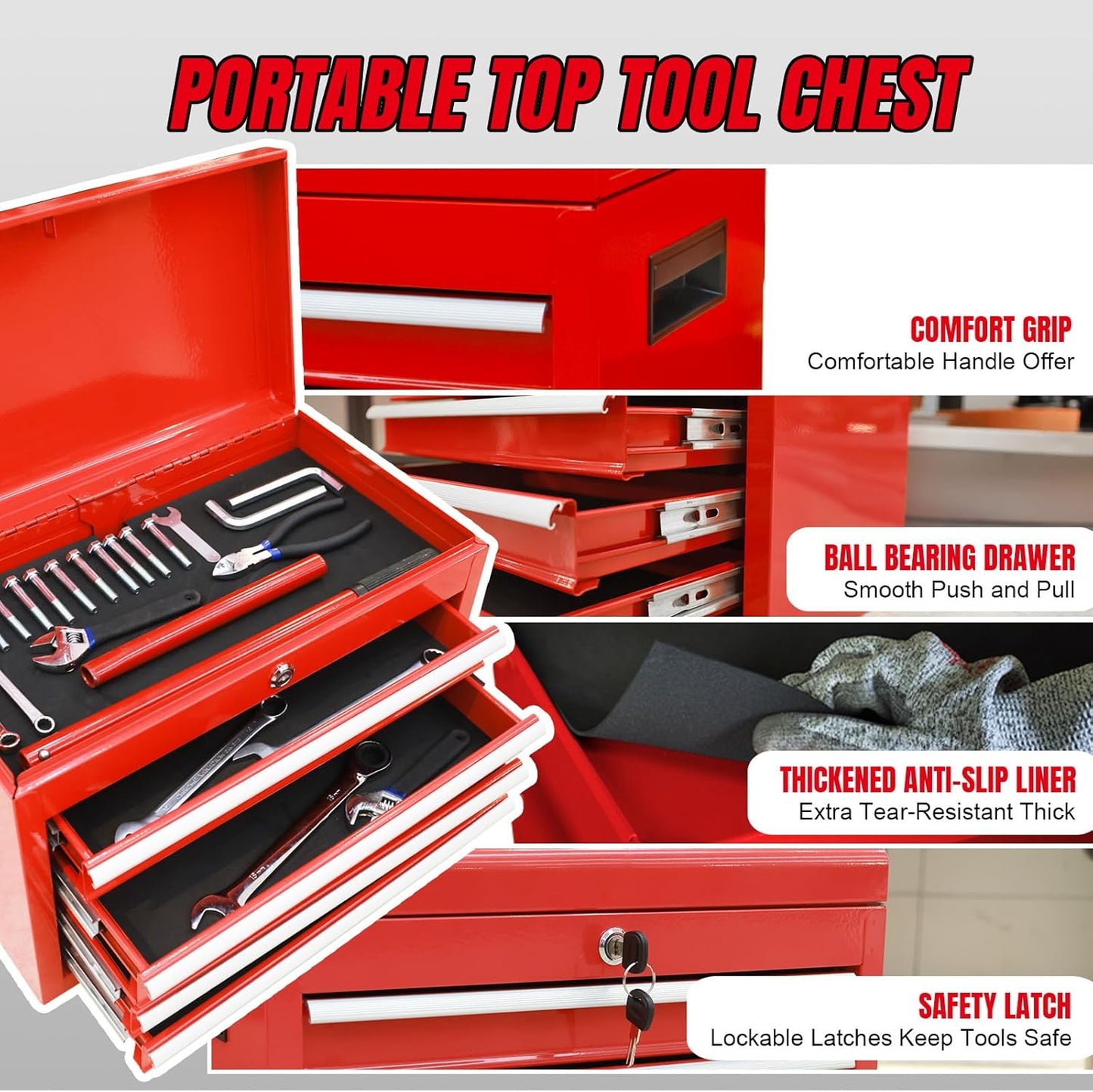 Torin 5-Drawer Rolling Tool Chest: Metal Tool Box with Wheels, Removable Top Tool Box, Liner, Adjustable Shelf and Locking Mechanism for Garage Workshop,Red