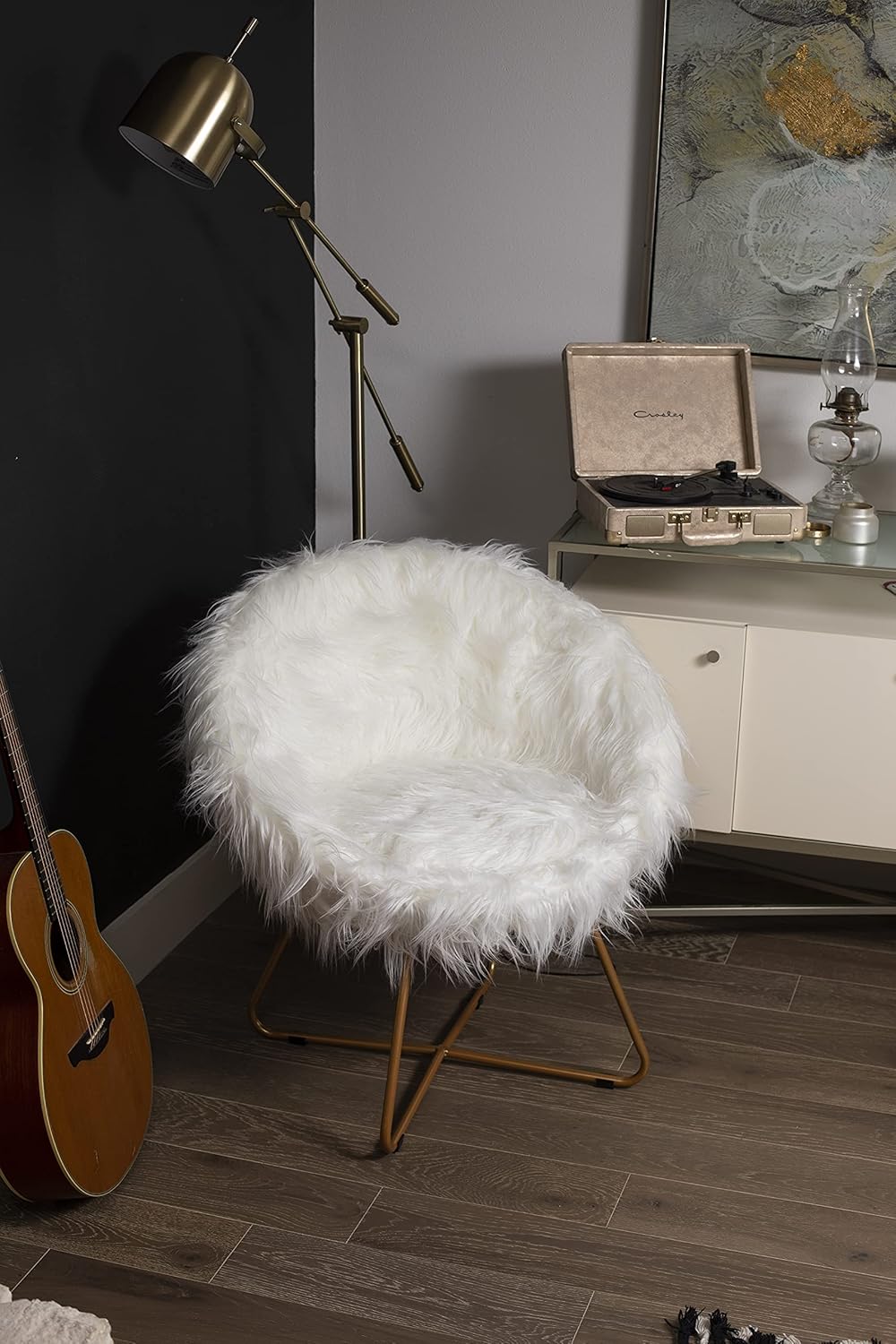 BIRDROCK HOME White Faux Fur Chair with Pale Gold Legs for Dorm Room, Teens Bedroom - Fuzzy Papasan Chair - Comfy Wide Cushion Seat - Accent Chair - Moon Chair - Metal - Fluffy Round Seat - White