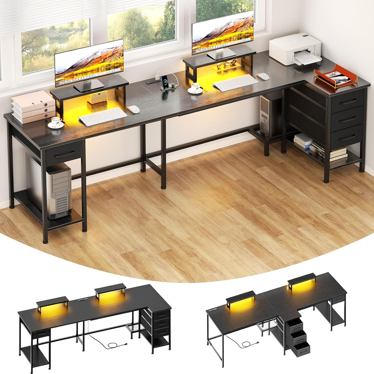 93" White 2 Person Office Desk, Long Computer Gaming Desk with Power Outlets & LED Lights, Large Home Office Desk with 4 Storage Drawers & 2 Monitor Stand for Work Writing Study