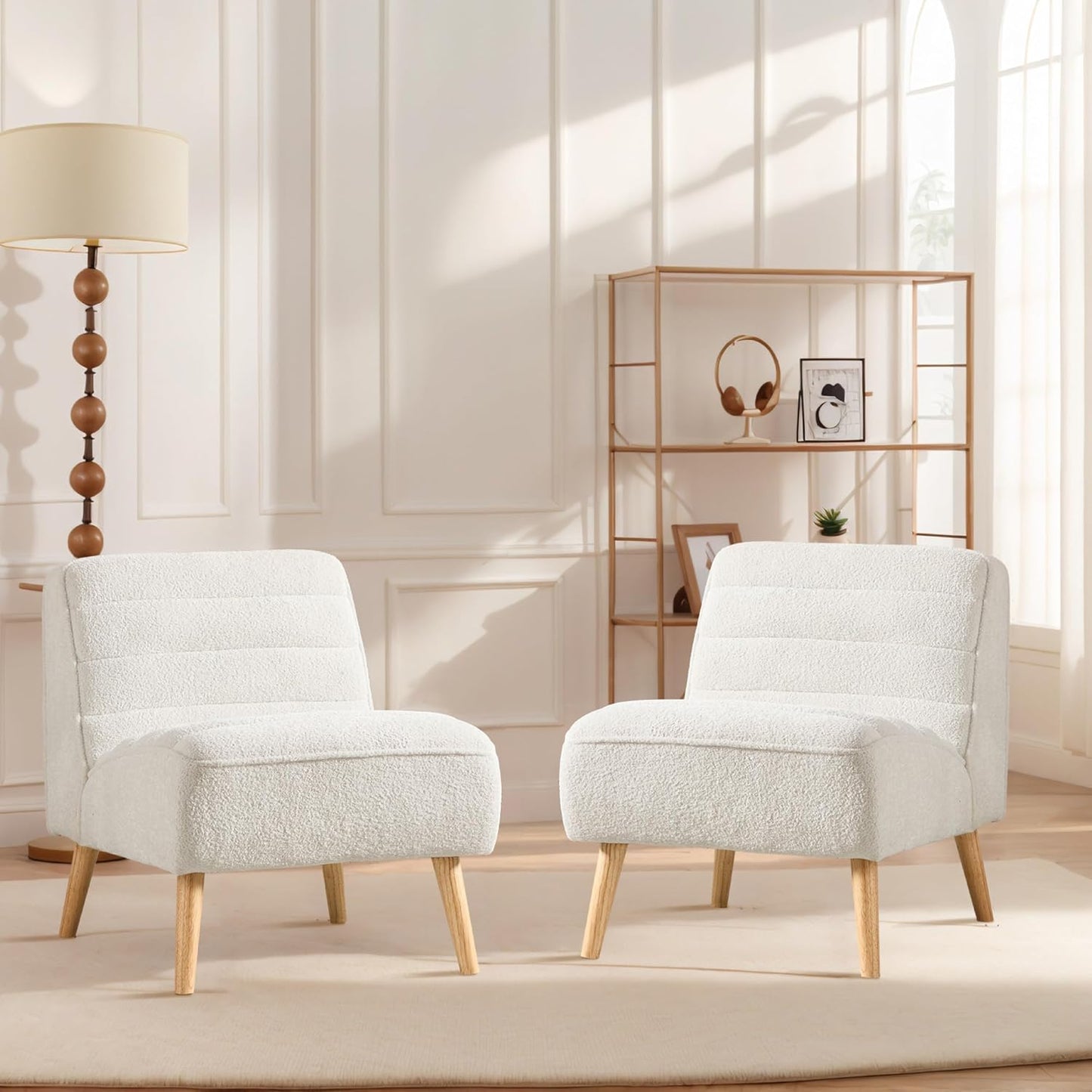 Aoiy & Wifon Velvet Accent Chair Set of 2, Single Living Room Chair with Metal Legs, Armless Reading Chair for Living Room, Beige