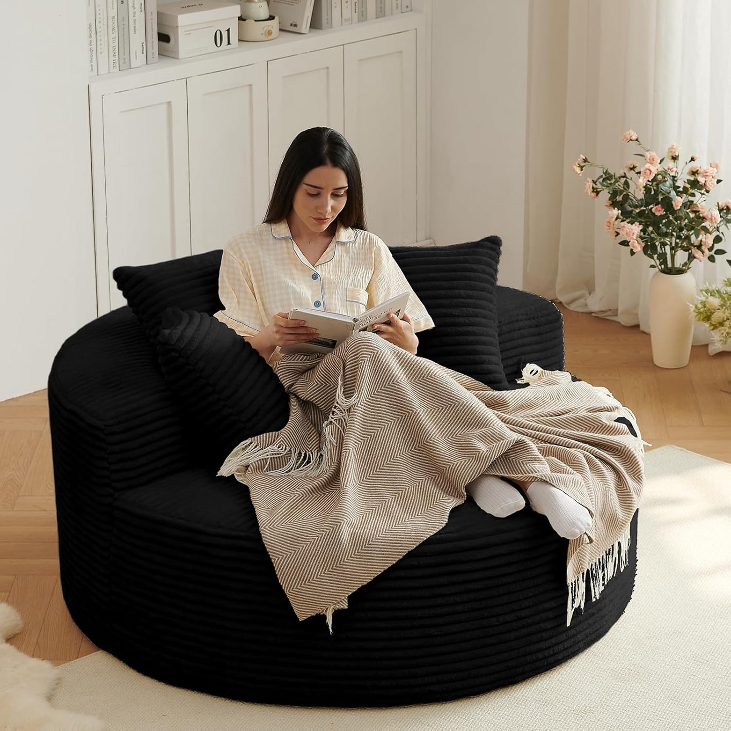 55" L Corduroy Sponge Single Sofa, Oversized Round Chair, Fluffy Modern Sleeper Chairs for Living Room, Lounge and Projection Room, Wide Armrest Lounge Chairs, Armchair with Pillow White