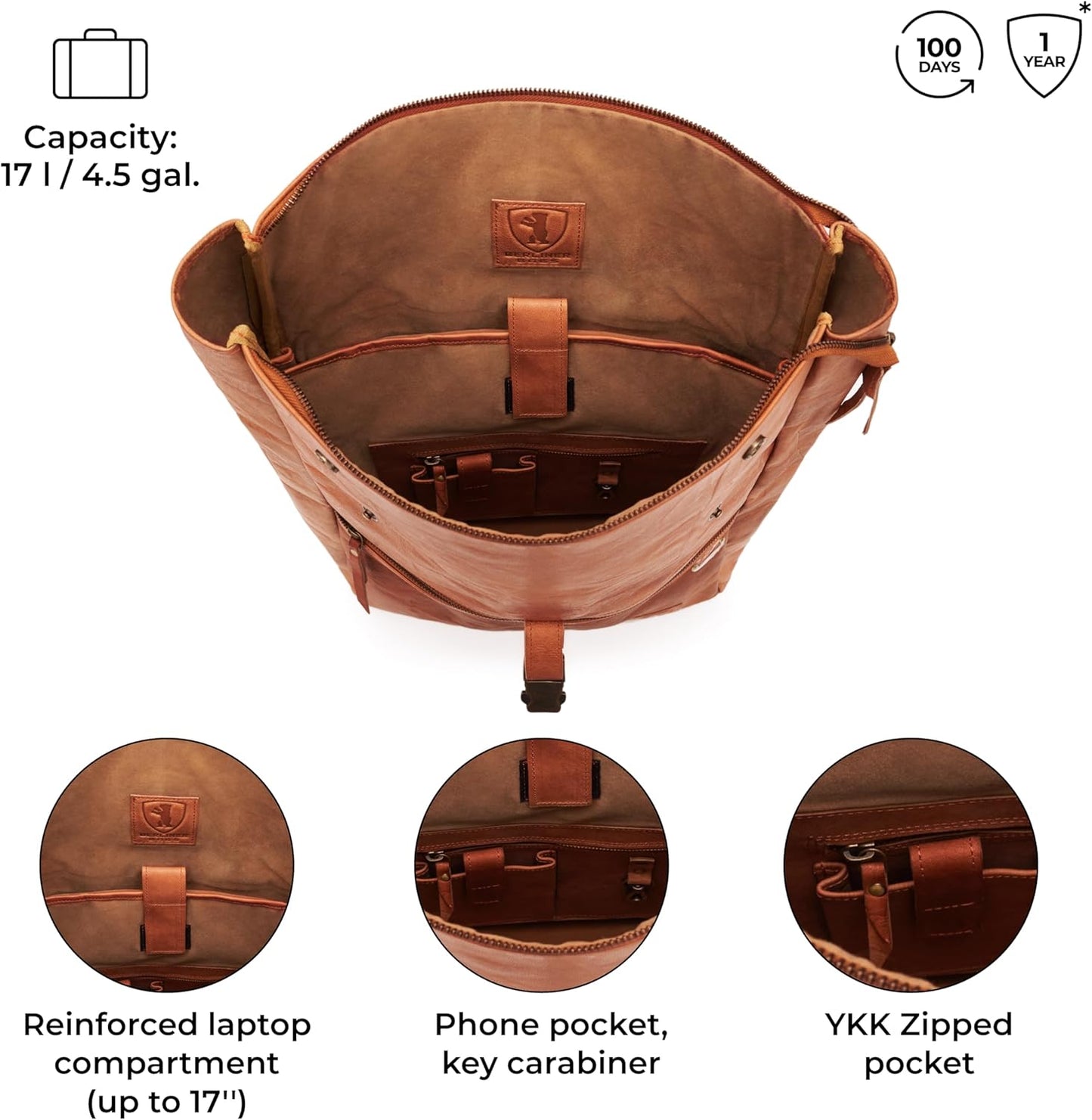 BERLINER BAGS Vintage Genuine Leather Backpack Utrecht, Laptop Backpack, Travel Backpack for Women and Men - Brown