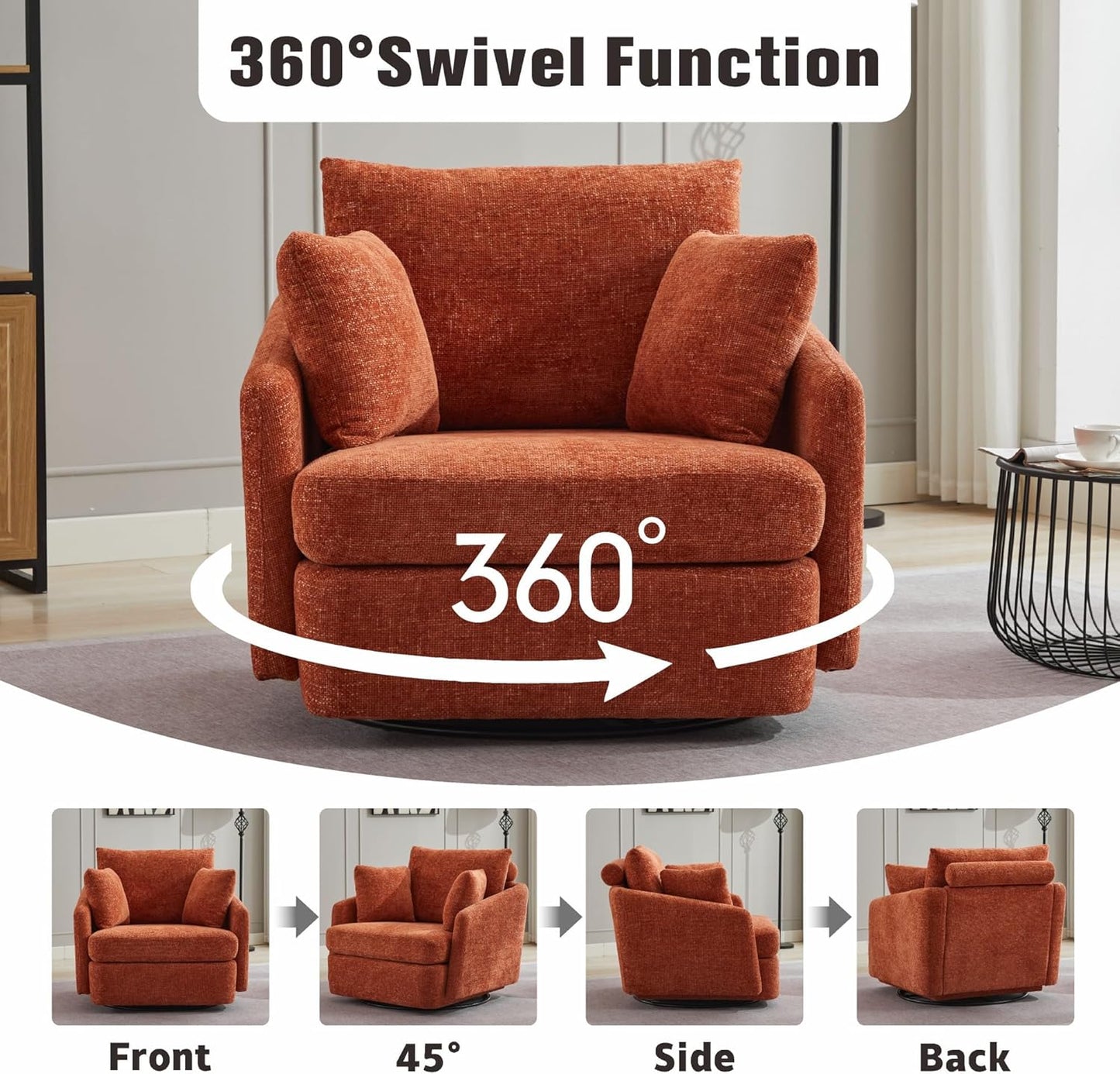 Sinzho & Wiyfun Oversized Swivel Accent Chair with Ottoman Upholstered Large Chenille Arm Chair with 3 Pillows for Living Room, Orange