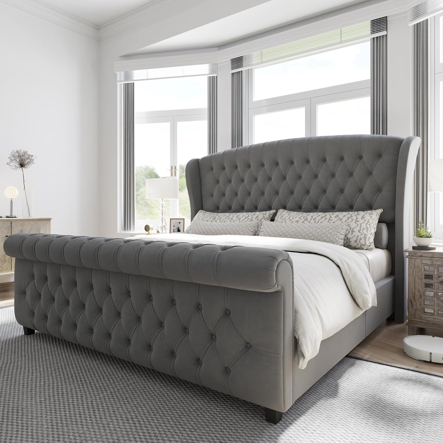 AMERLIFE Queen Size Platform Bed Frame, Chenille Upholstered Sleigh Bed with Scroll Wingback Headboard & Footboard/Button Tufted/No Box Spring Required/Cream