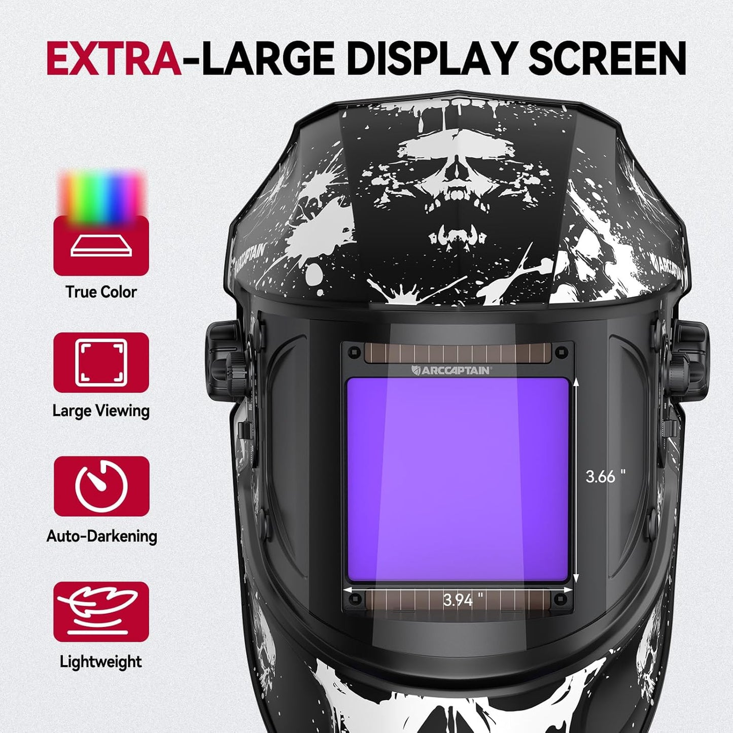 ARCCAPTAIN 3.94"X3.66" Welding Helmet Auto Darkening, 1/1/1/1 Top Optical Clarity Large Viewing Screen Solar Power Welding Hood with 4 Arc Sensor, Wide Shade 4-5/5-9/9-13 for TIG MIG ARC Welding Cut
