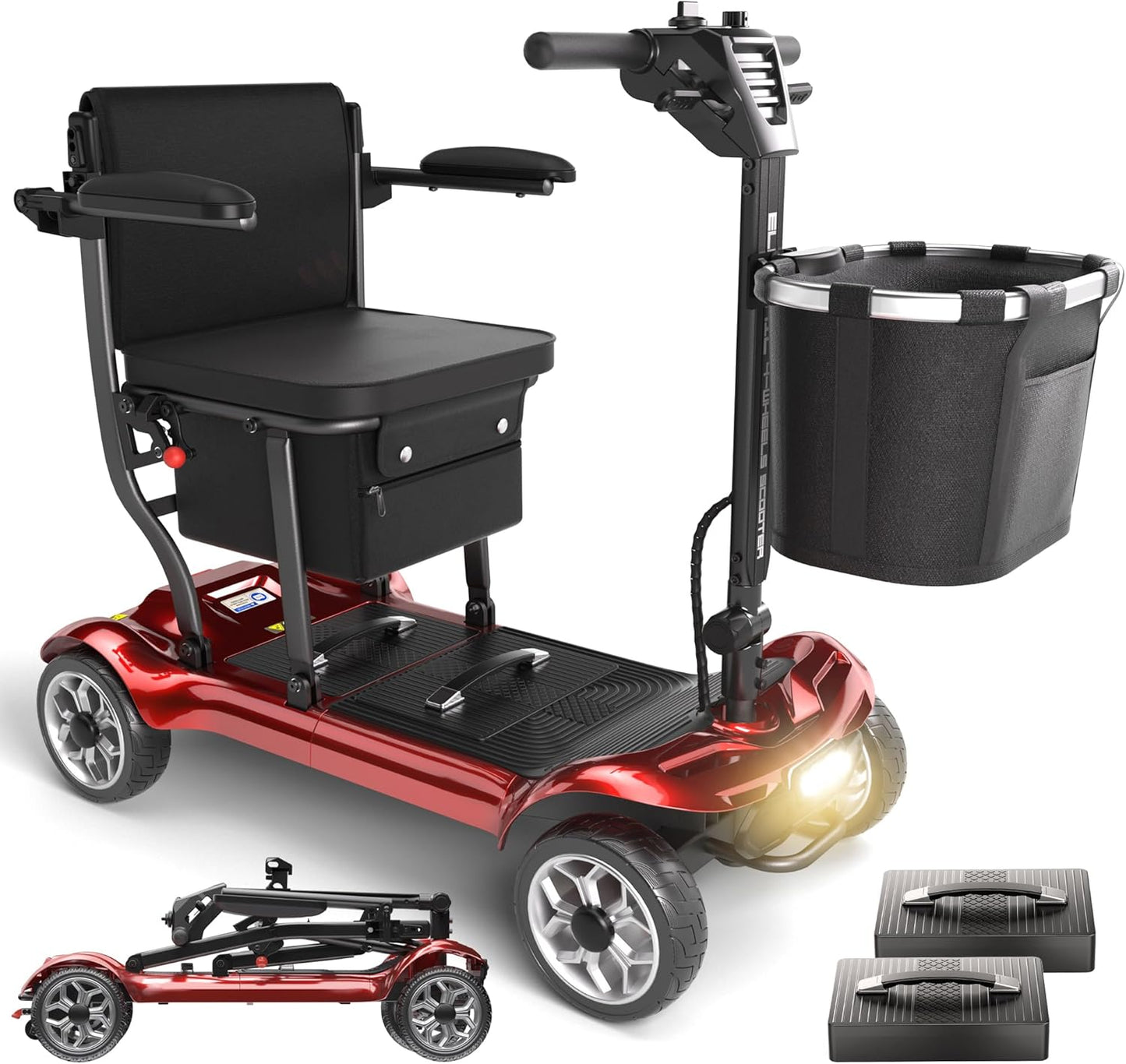 4 Wheel Mobility Scooter for Adults&Seniors - 43lb Lightweight Portable Motorized Scooters 300 lb Capacity, Foldable Travel Mobility Scooters with Removable Battery, Dual Basket, Red