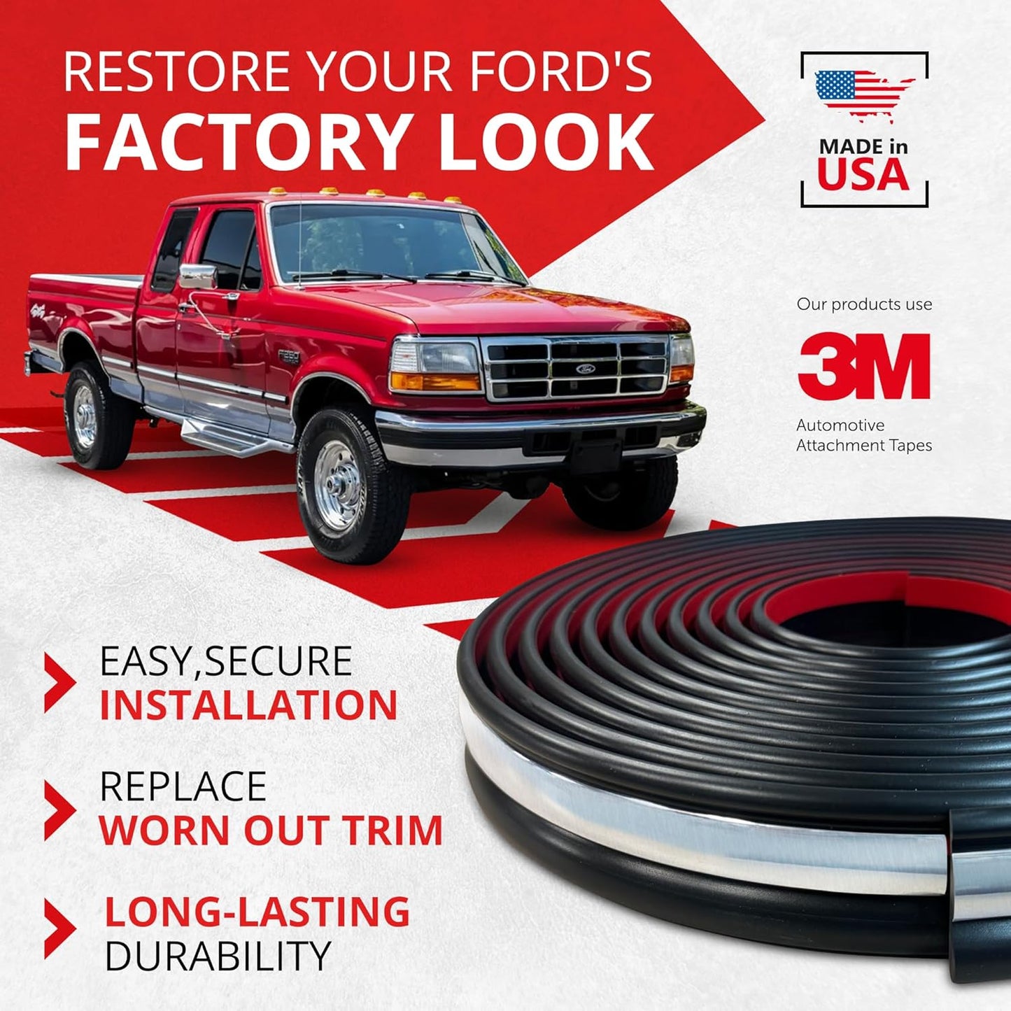 All-Fit Automotive Replacement Old Style Body Side Molding (2") – OEM Grade Black and Chrome Trim Fits 1992–1997 Ford F150, F250, F350 & Bronco OBS – Easy to Install Truck Accessories (26 Ft Roll)