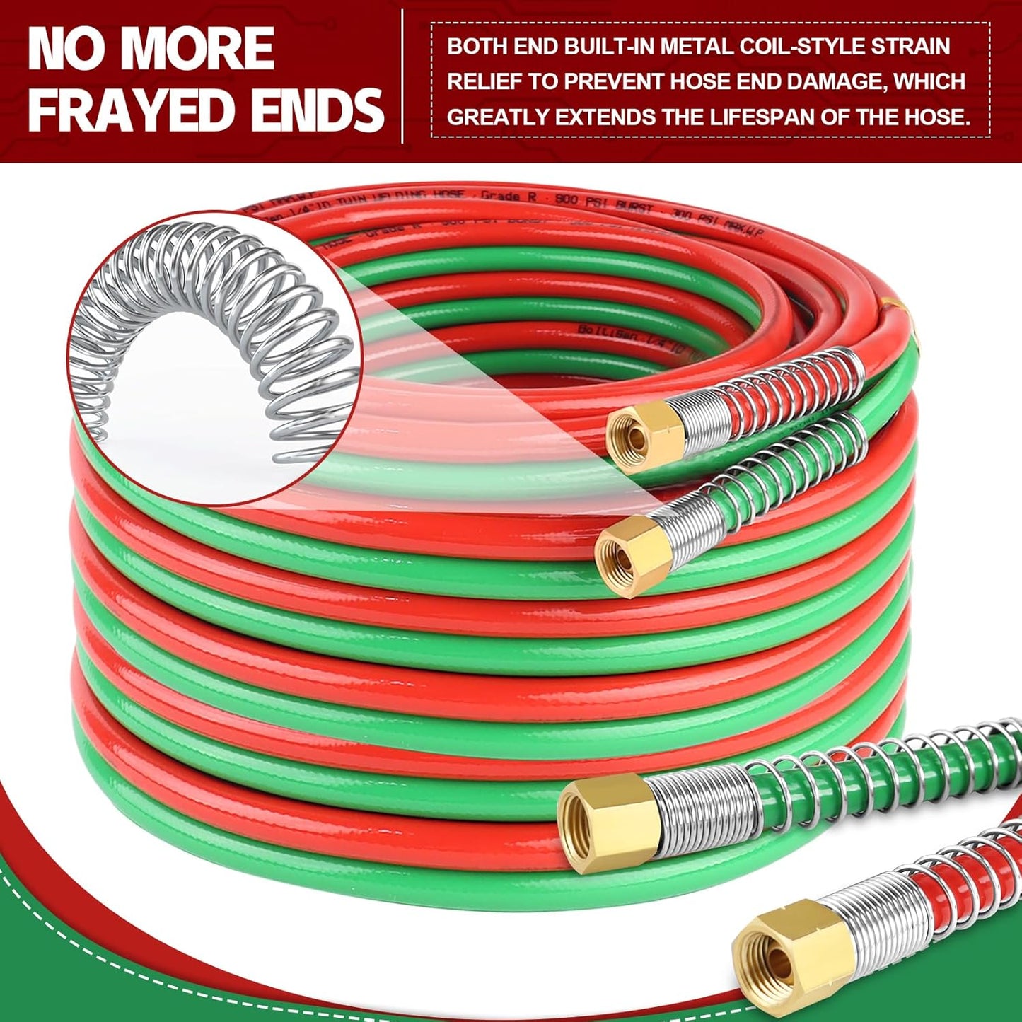 Boltigen 50 Feet Oxygen Acetylene Hose, 1/4inch Grade R Oxy Acetylene Torch Hose with Brass 9/16''-18 LH/RH B Fittings, Stainless Steel Spring Ends Twin Welding Cutting Torch Hose Reel