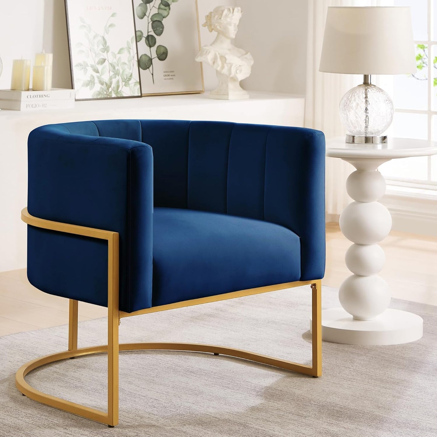 Velvet Accent Chairs, Mid Century Modern Upholstered Round Barrel Chair Metal Gold Stand Comfy Velvet Channel Tufting Armchair for Living Room, Bedroom, Office Easy Assemble (Navy Blue, Set of 2)