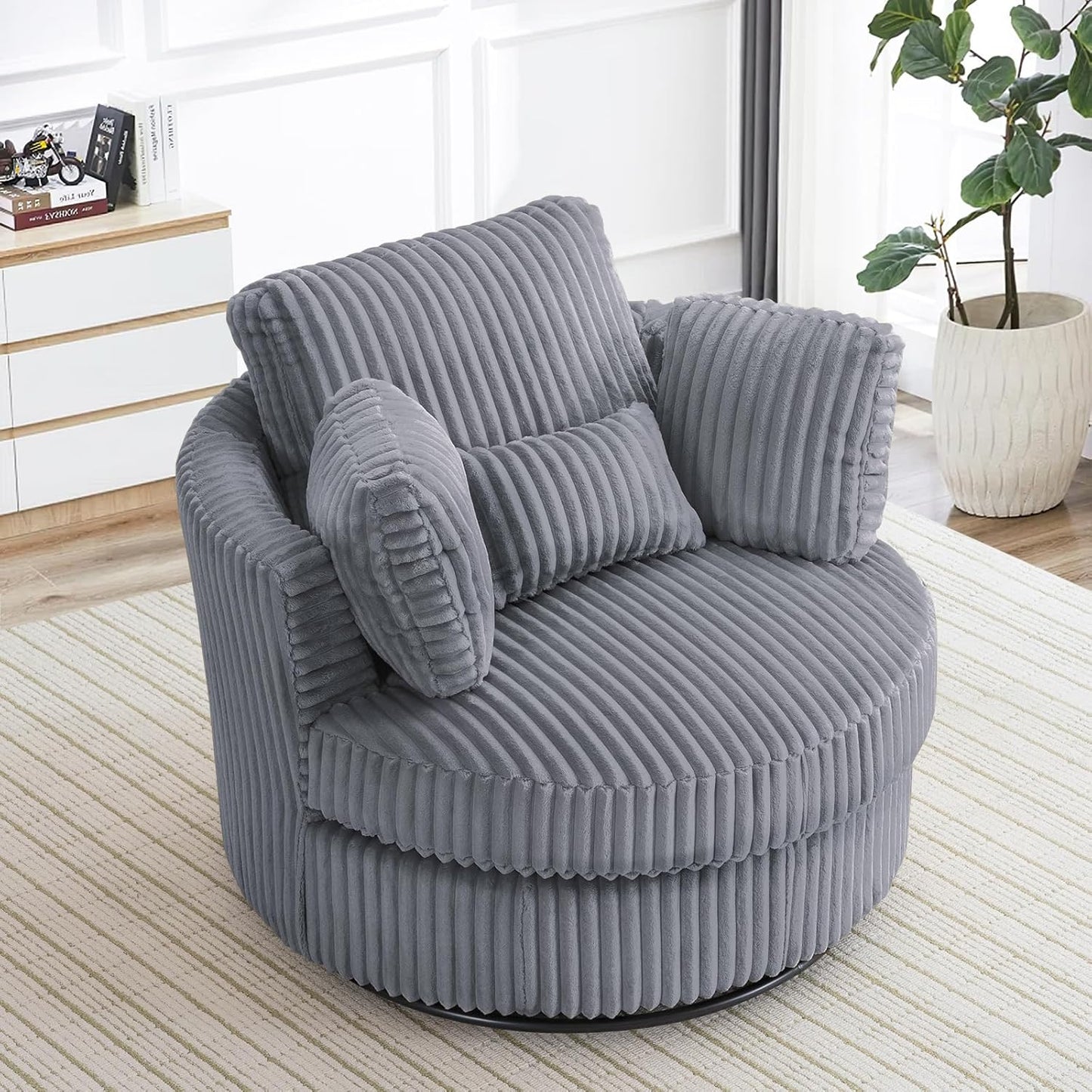 40" W Modern Grey Swivel Barrel Chair with 360° Round Metal Base & Plush Corduroy Pillows & Thick Cushion, Comfy Large Accent Chaise Longue for Living Room, Bedroom Club Reading Armchair (Gray)