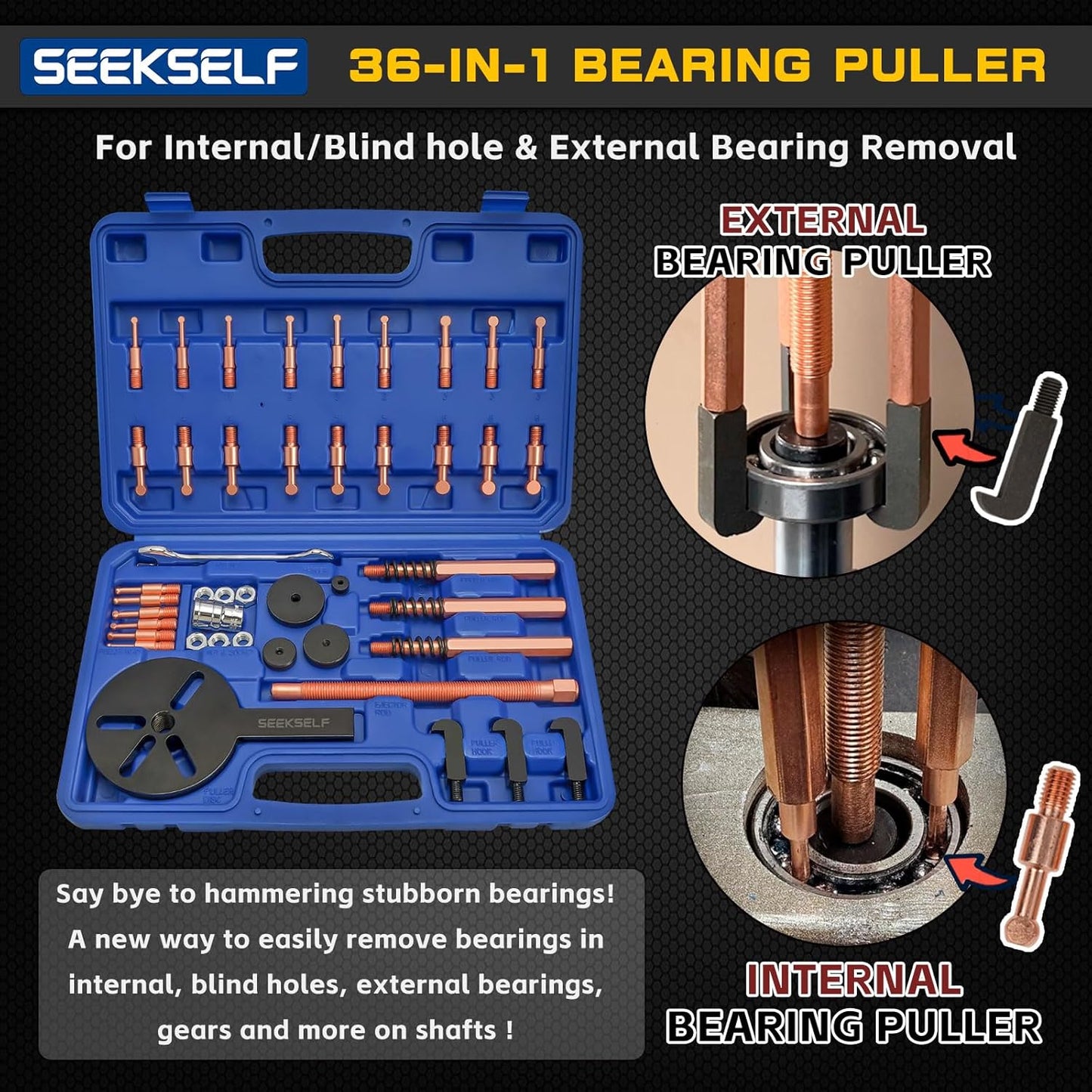 36-in-1 Bearing Puller Set, Inner Bearing Puller Separator Kit, Blind Hole Bearing Removal Tool Bearing Disassembly Gear Puller, Blue