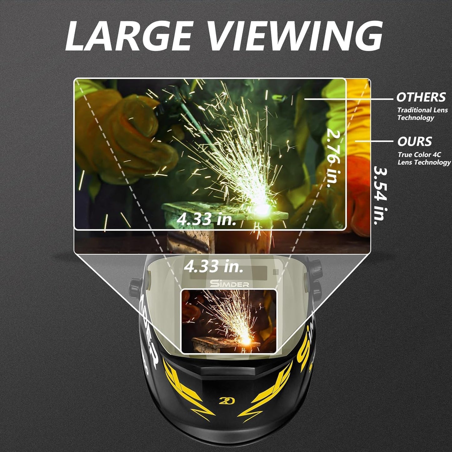 SSIMDER Welding Helmet Auto Darkening 4.33"X3.54" Extra Large Viewing True Color Welding Hood Solar Powered Welding Mask with 4 Arc Sensor Wide Shade 4/5-9/9-13 for TIG MIG Arc Weld Cutting Grinding