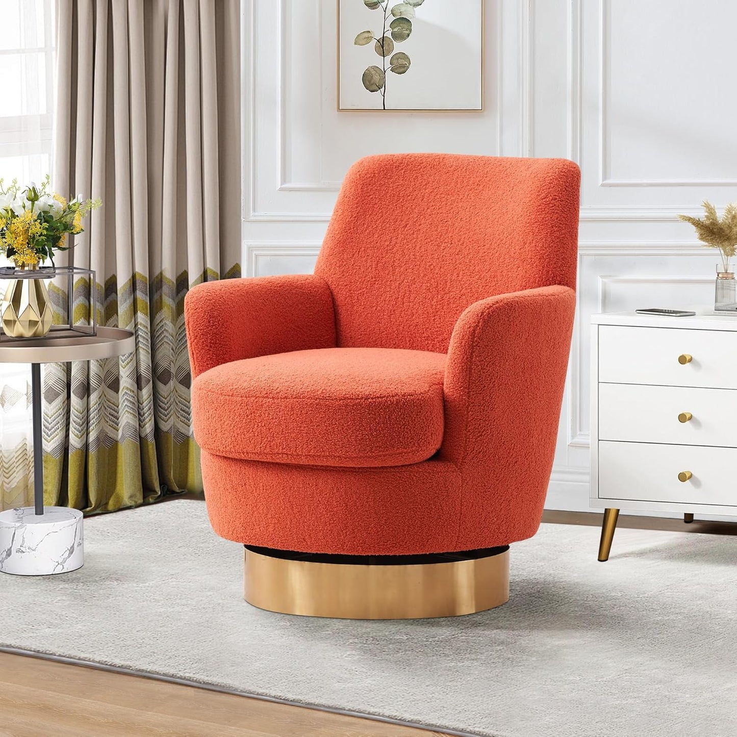 Swivel Barrel Chair Set of 2, Linen Modern Swivel Accent Chairs Armchair with Gold Stainless Steel Base, Reading Chair for Bedroom Comfy Round Barrel Chair for Living Room, Beige