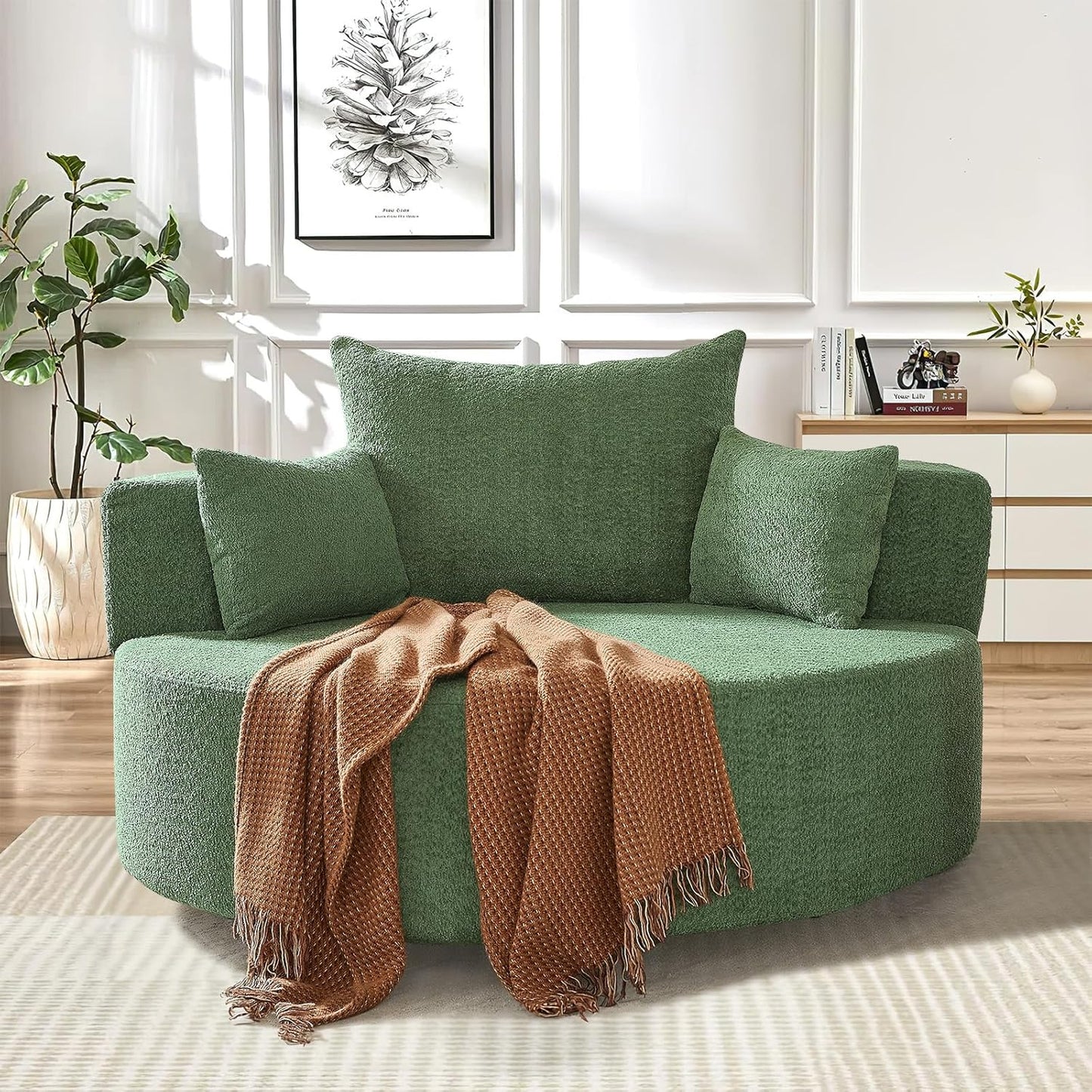 55"W Oversized Round Swivel Accent Barrel Chair,360° Rotating Upholstered Chenille Chaise Lounge Sofa Chair with Wide Armrests&Pillows,Large Modern Comfy Armchair for Living Room,Bedroom,Office(Beige)