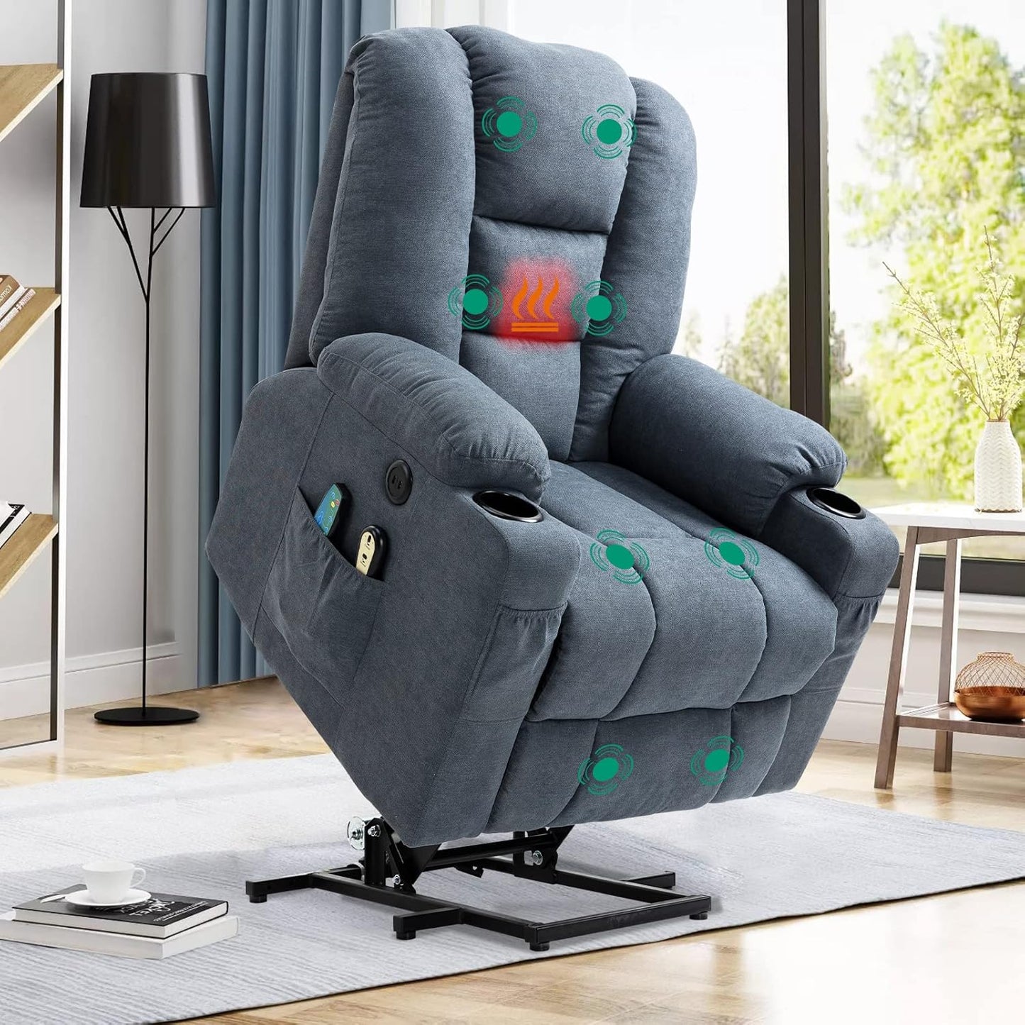 VIVIJASON Power Lift Chair Electric Recliner for Elderly Heated Vibration Massage Faux Leather Recliner Chair with 2 Remote Controls, Cup Holders, Side Pockets & USB Ports for Living Room (Black)