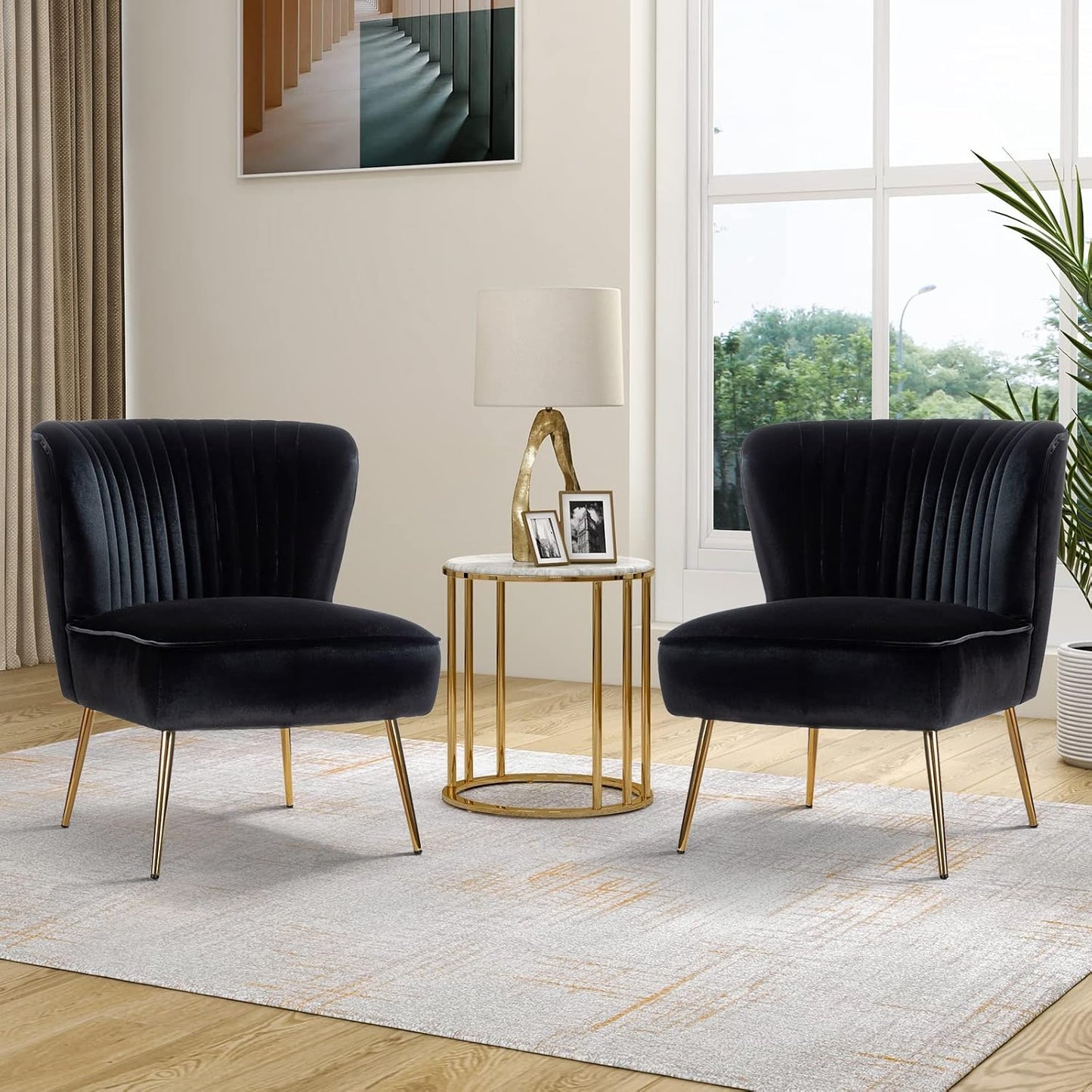 TINA'S HOME Velvet Accent Chair Set of 2 with Metal Golden Legs, Upholstered Armless Slipper Chair with Wingback, Mid Century Side Chair for Living Room Bedroom Makeup Vanity- Red