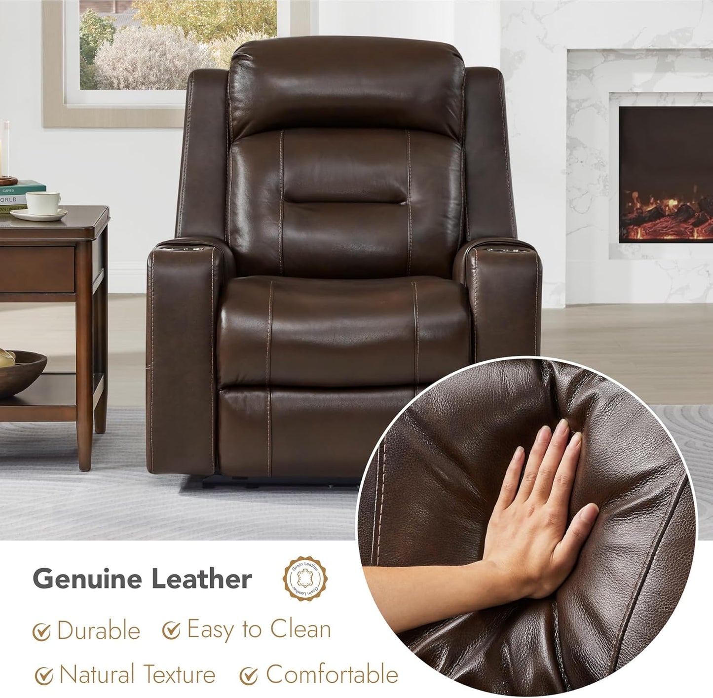 Watson & Whitely Genuine Leather Power Recliner Chairs for Adults, Lay Flat Recliner with Power Headrest, USB Ports and Cup Holders, Electric Reclining Sofa for Living Room, Bedroom, Dark Brown