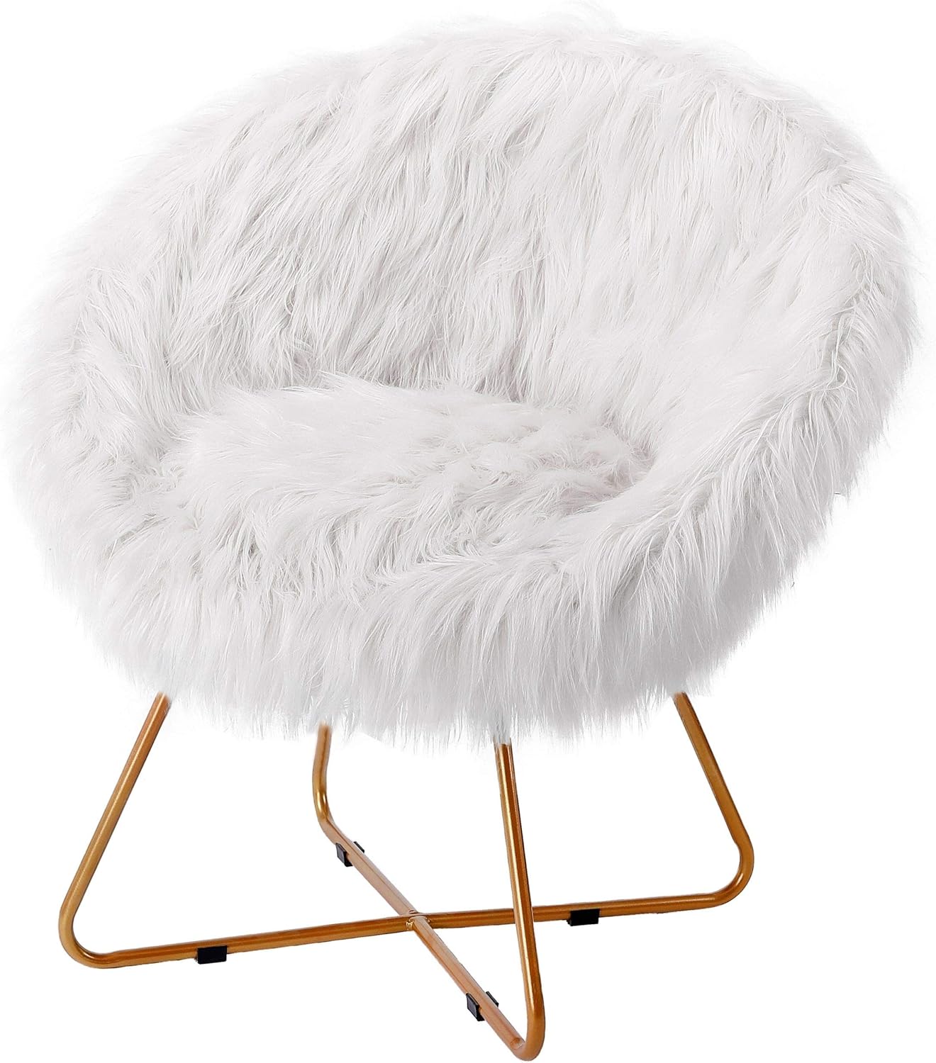 BIRDROCK HOME White Faux Fur Chair with Pale Gold Legs for Dorm Room, Teens Bedroom - Fuzzy Papasan Chair - Comfy Wide Cushion Seat - Accent Chair - Moon Chair - Metal - Fluffy Round Seat - White