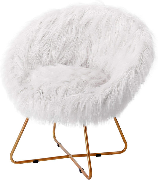 BIRDROCK HOME White Faux Fur Chair with Pale Gold Legs for Dorm Room, Teens Bedroom - Fuzzy Papasan Chair - Comfy Wide Cushion Seat - Accent Chair - Moon Chair - Metal - Fluffy Round Seat - White