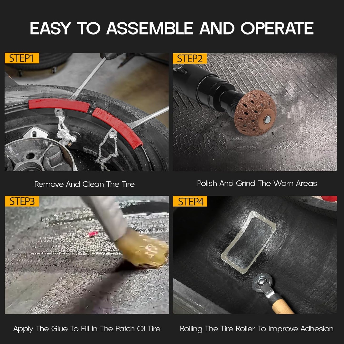 Air Tire Repair Polish Patch Tools – 2500 RPM Low-Speed Tire Buffer with Tungsten Steel Buffing Wheel, Inner Liner Scraper, Patch Roller – Durable Tungsten Alloy Grinder for Tire & Rubber Maintenance