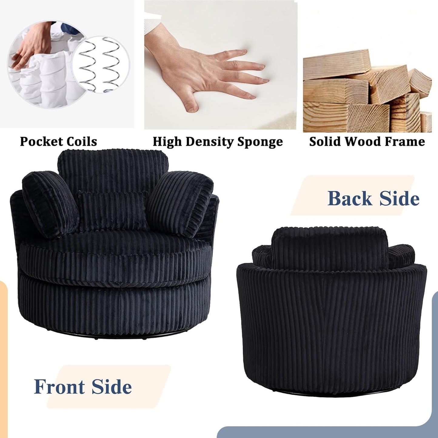 Swivel Accent Barrel Chair Oversized Modern Akili Upholstered Sofa Lounge Club Leisure Chair Round Chair for Hotel Living Room (Black)
