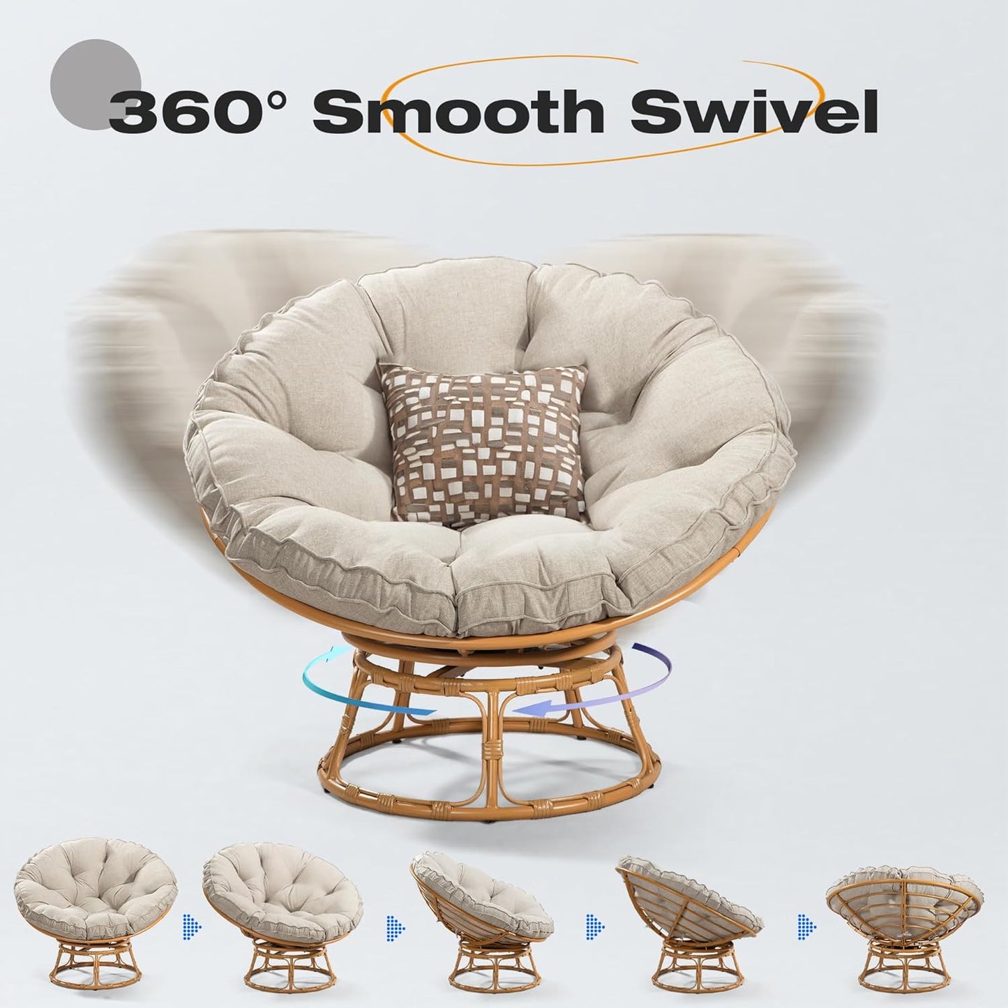 41" Papasan Chair with Cushion and 360 Degree Swivel Base, Papasan Lounge Chair with Cushion and Sturdy Frame, Large Saucer Chair, Circle Chair, Round Chair, Bronze/Beige