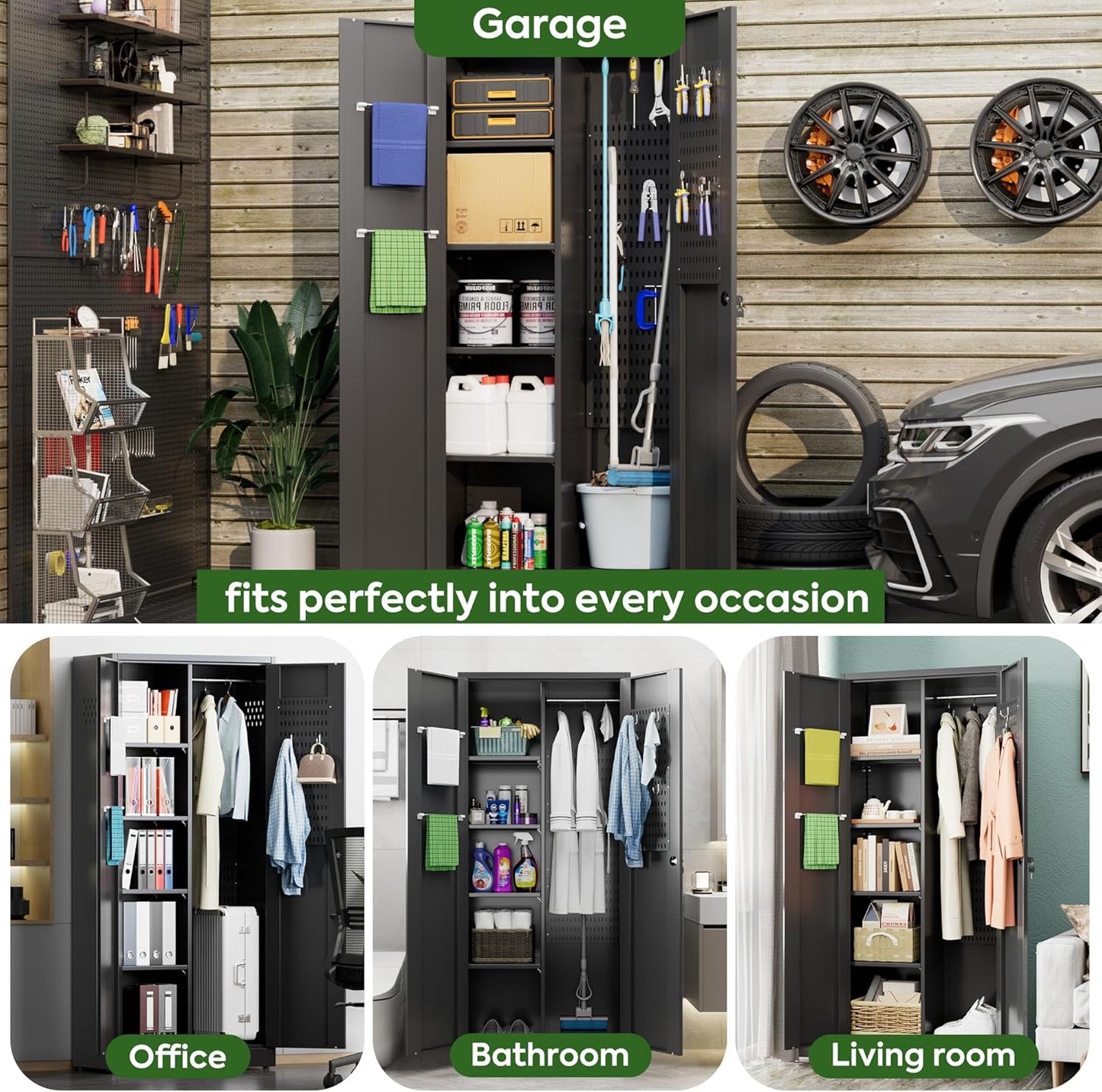 Aobabo Black Metal Cleaning Tool Storage Cabinet with Lockable Door with Keys, 71.41" H×31.53" W×15.74" D, Adjustable Shelves, Pegboard, 13 Hooks, Broom Closet Storage Cabinet for Janitorial Supplies