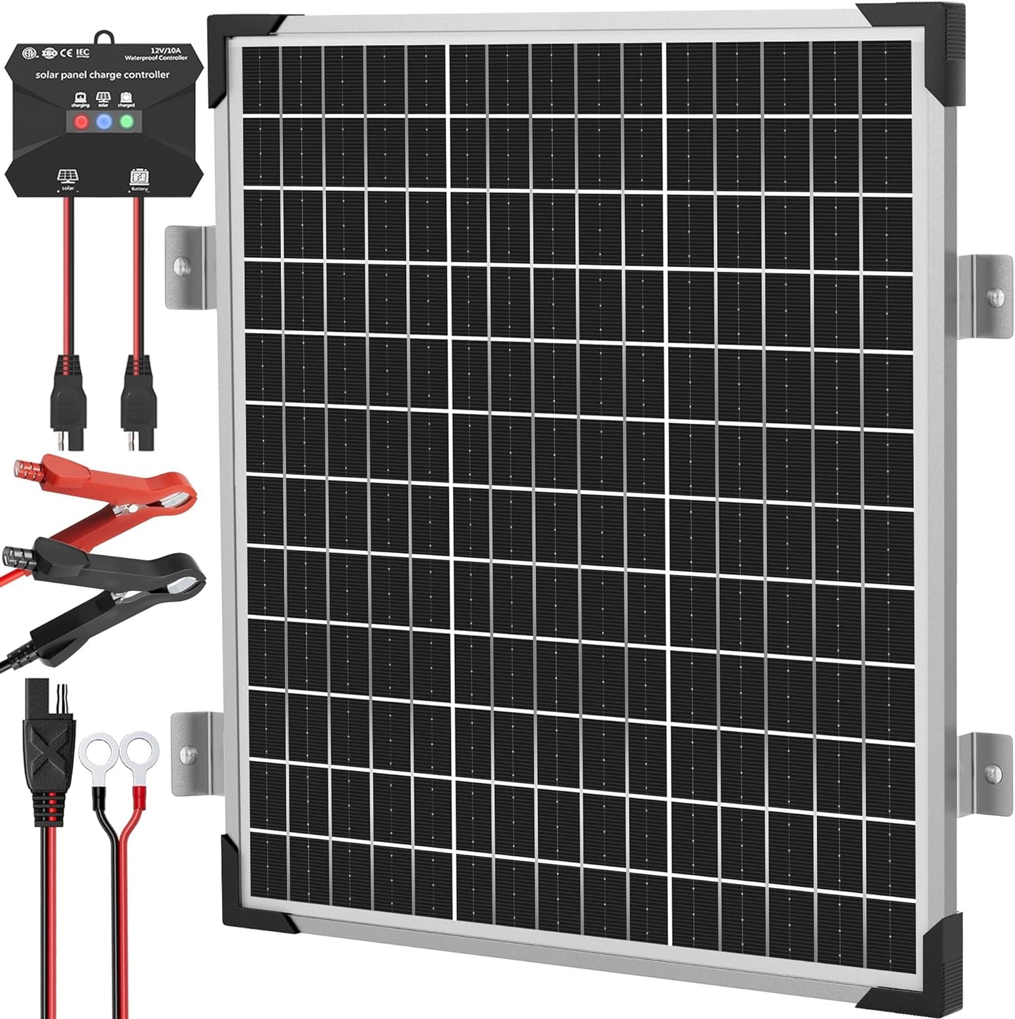 Solar Panel Kit 30W 12V, Solar Battery Trickle Charger Maintainer, Waterproof Solar Panel + Upgrade Charge Controller + Adjustable Mount Bracket for Boat RV Motorcycle Marine