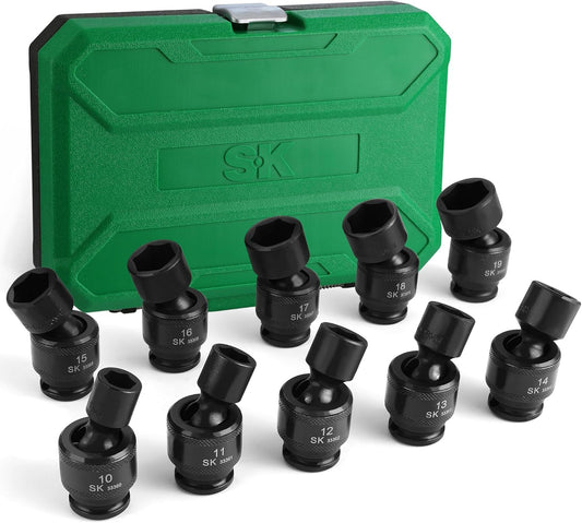SK 3/8" Drive Universal Swivel Impact Socket Set, Metric Socket Set, 10-Piece, Premium CR-MO Steel, SureGrip 6 Point Design, with Storage Case