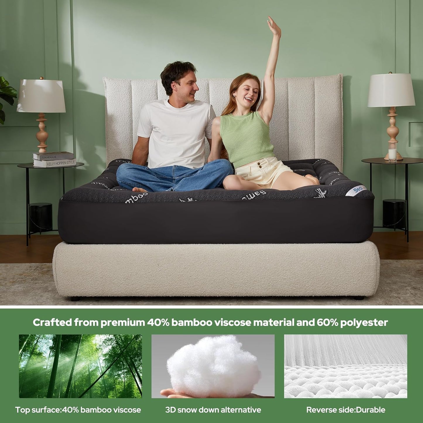 BEDLORE King Mattress Topper Viscose Derived from Bamboo, Thick Pillow Top Mattress Pad with Stretchable Pockets for 6"-18" Mattress, Soft Breathable Mattress Topper for Back Pain Relief(Dark Gray)