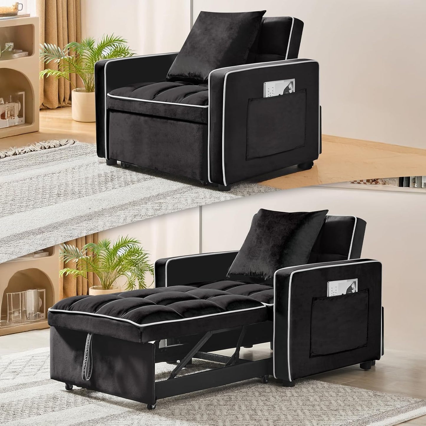 3 in 1 Single Convertible Sleeper Sofa Chair, 35.4" Pull Out Sofa Bed with Adjustable Backrest, Modern Chaise Lounge with Storage, Sleeper Chair Bed with Pillow for Living Room (1, Black)