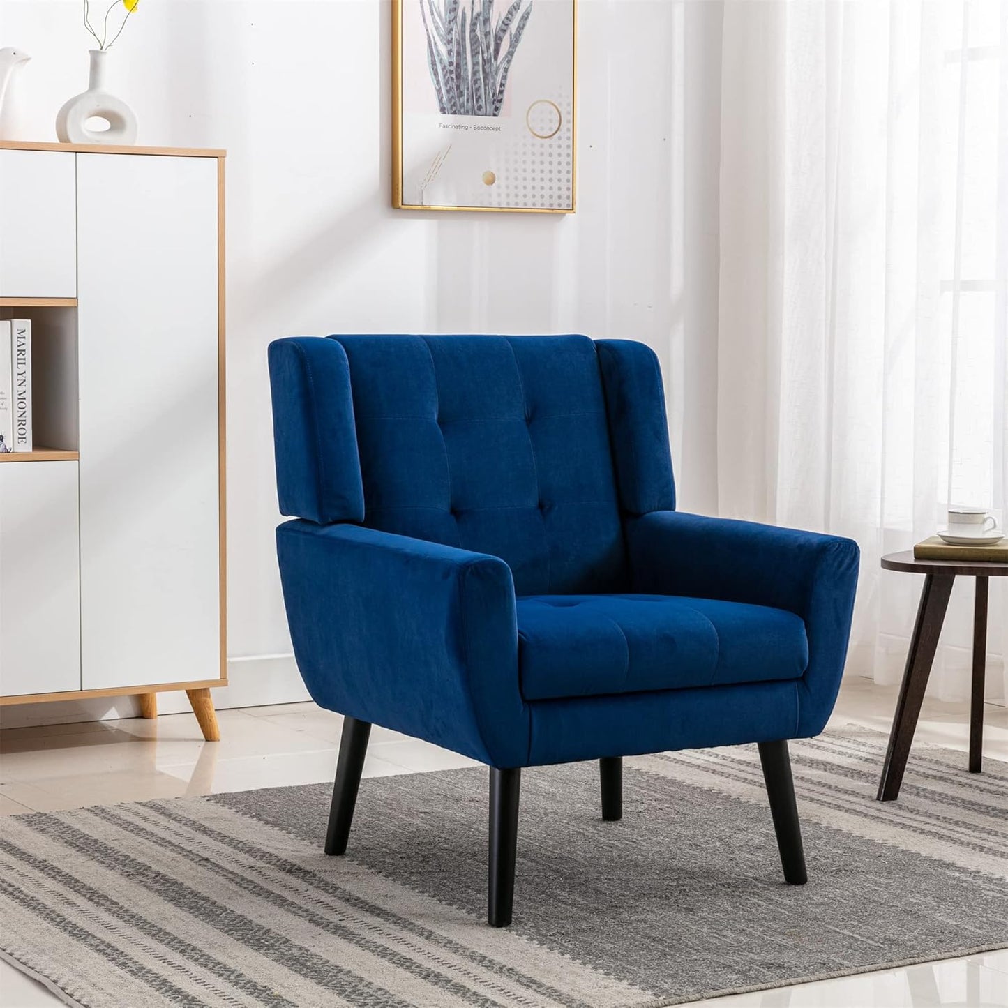 Accent Armchair, Living Room Chairs with Curved Back, Velvet Cushion, 250 Lbs Weight Capacity Ergonomics Accent Chair, Upholstered Single Sofa for Bedroom Royal Blue Foam