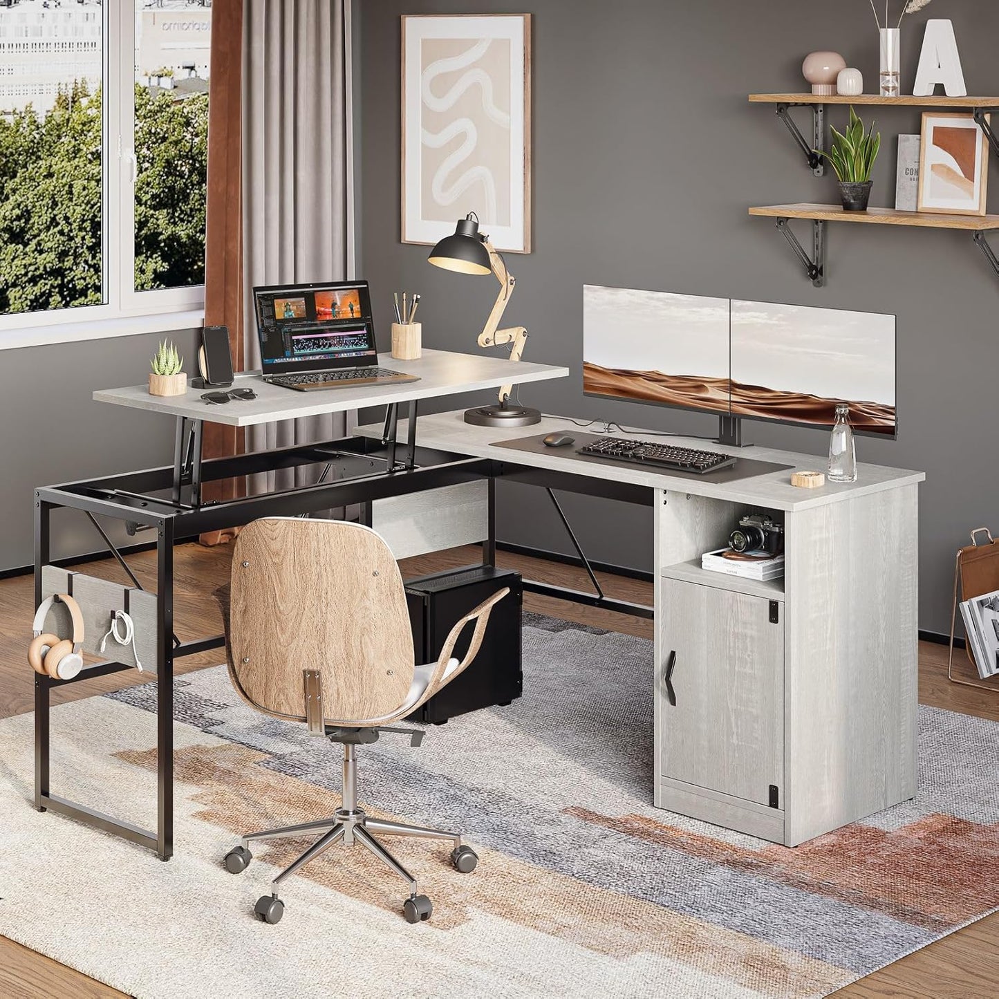 Bestier L Shaped Standing Desk Adjustable Height, 60" Corner Computer Desk with Storage File Cabinet, 95.2" Long and Large Reversible Office Desk with Lift Top, Washed White