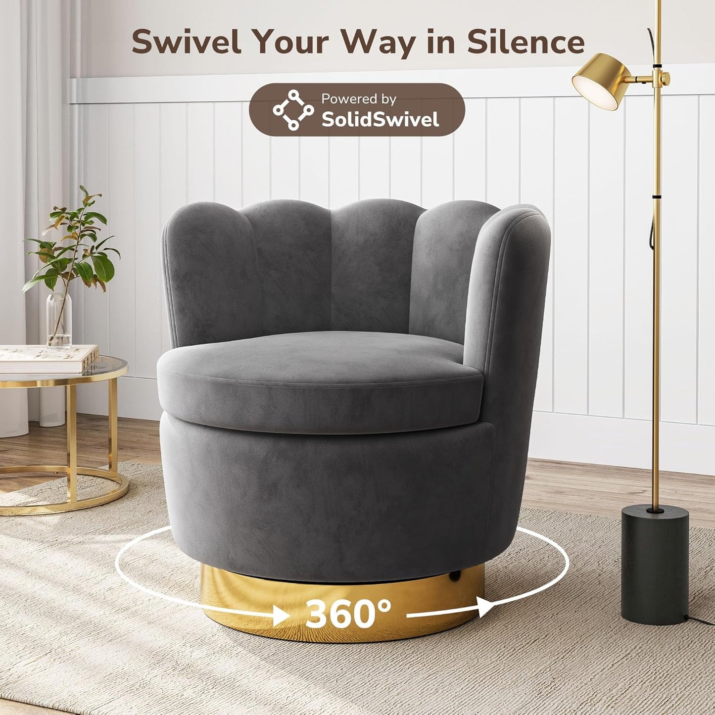 BELLEZE Swivel Accent Chair, Velvet Modern Round Petal Swivel Barrel Chair, 360° Upholstery Swivel Sofa Armchair, Comfy Swivel Accent Chair for Living Room Bedroom - Lotus (Dark Grey)