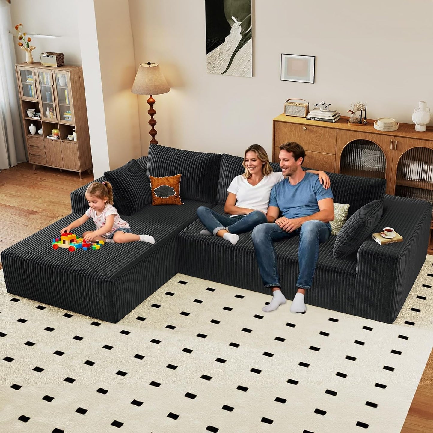 107" Modular Sectional Couches for Living Room, Comfy Boneless L Shaped Cloud Couch with Chaise Lounge, Modern Cozy Corduroy Deep Seat Floor Sofa, Memory Foam, No Assembly Required, Black