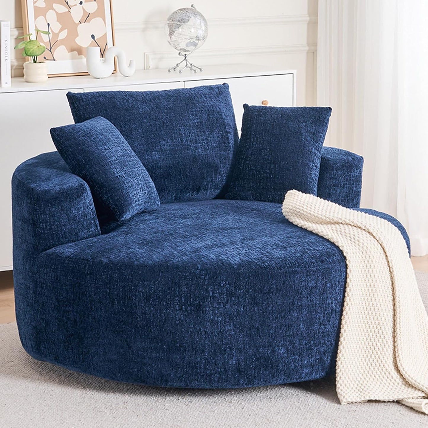 54.33" Oversized Round Chaise Longue Chair Indoor, 360° Swivel Round Upholstered Sofa, Modern Chenille Accent Chair with Pillow for Living Room, Bedroom Apartment,Green