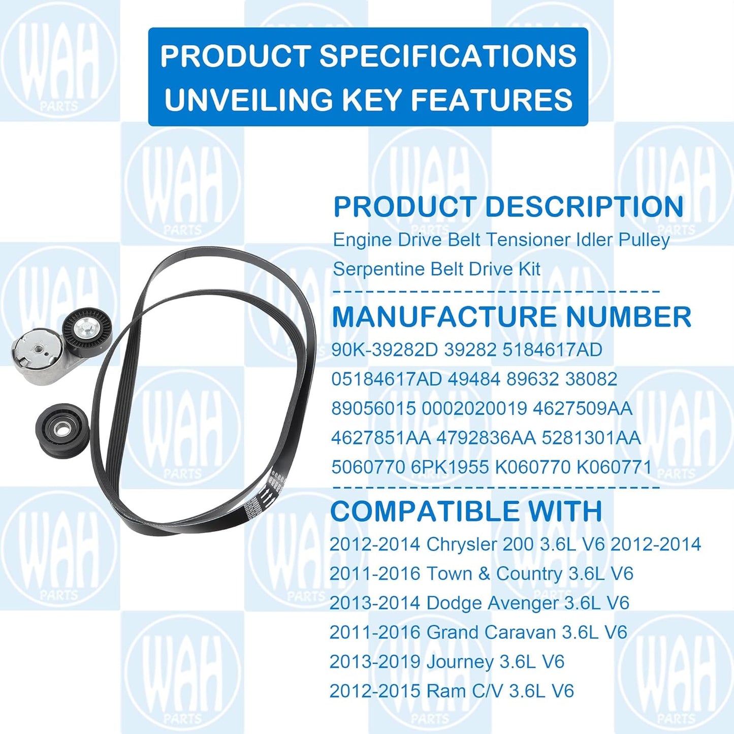90K-39282D Engine Drive Belt Tensioner Idler Pulley Serpentine Belt Drive Kit Compatible with 2011-2016 Chrysler Town and Country 200 Dodge Journey 39282 5184617AD 38082 4627509AA 4627851AA