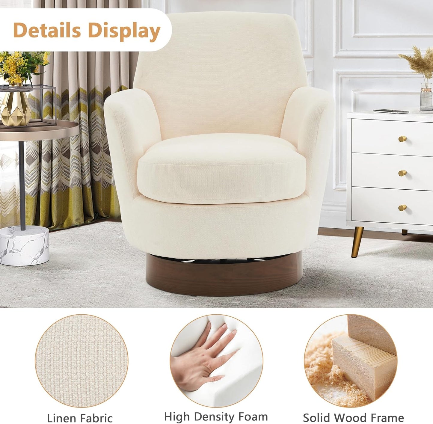 Swivel Barrel Chair Set of 2, Linen Modern Swivel Accent Chairs Armchair with Gold Stainless Steel Base, Reading Chair for Bedroom Comfy Round Barrel Chair for Living Room, Beige